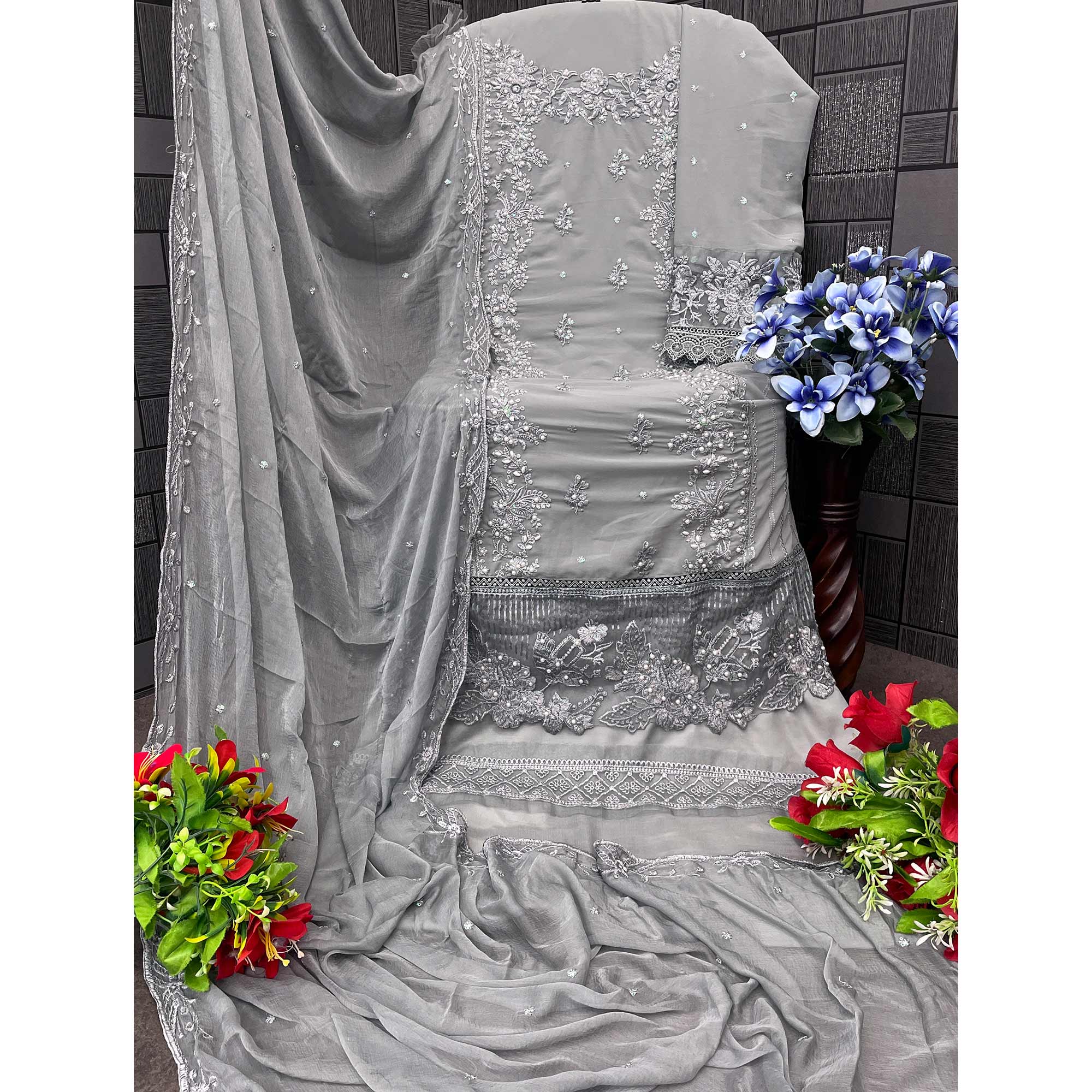 Grey Floral Embroidery Georgette Semi Stitched Pakistani Suit