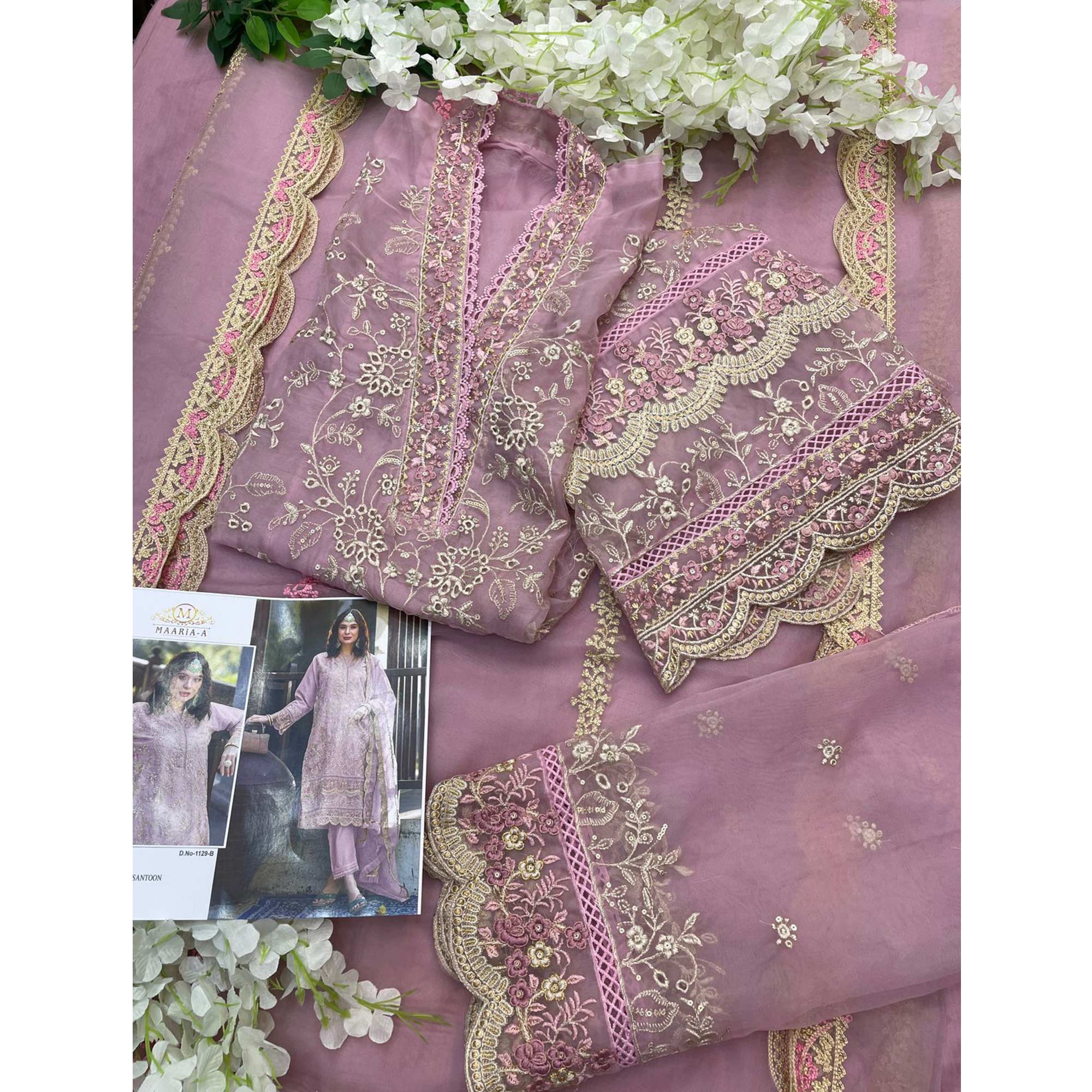 Pink Floral Sequins Embroidery Organza Semi Stitched Pakistani Suit