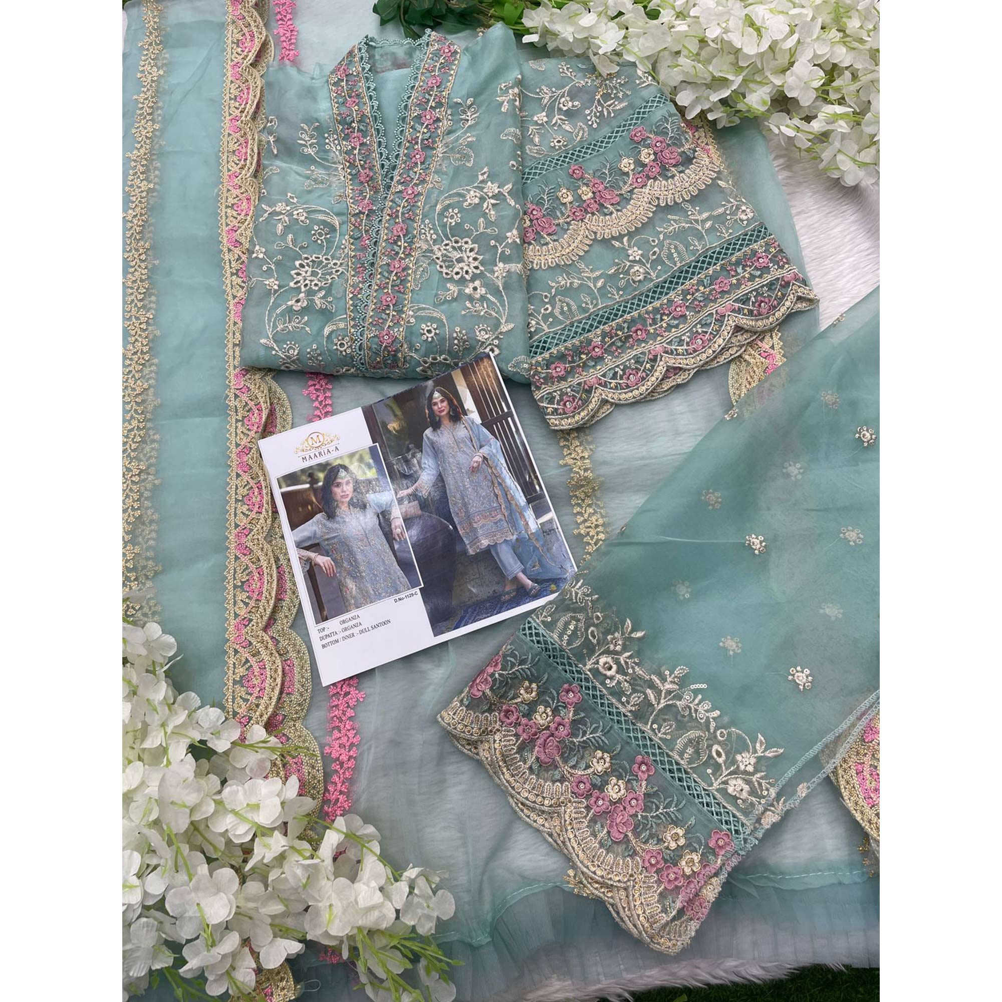 Sky Blue Floral Sequins Embroidery Organza Semi Stitched Pakistani Suit