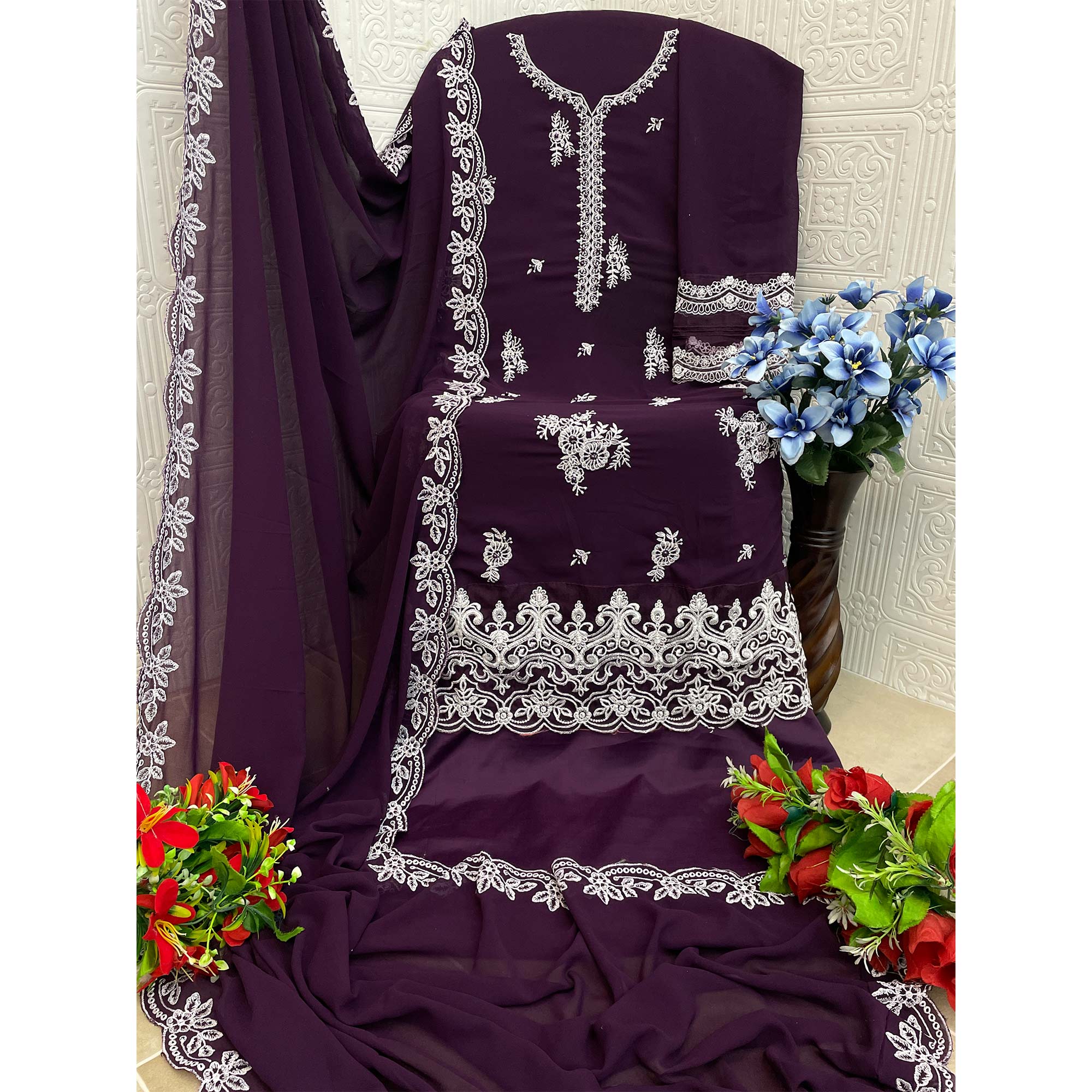 Purple Floral Embroidery Georgette Semi Stitched Pakistani Suit