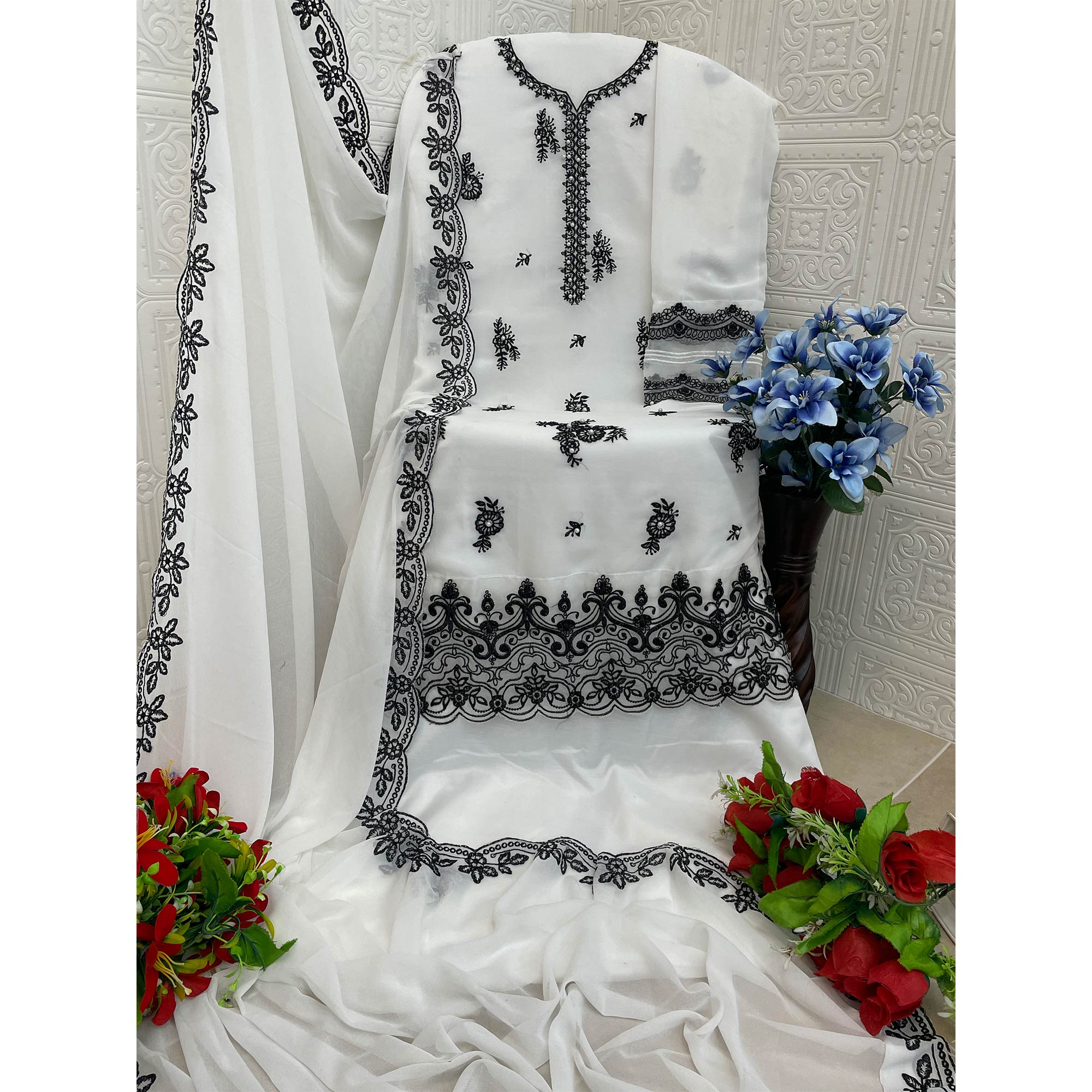 White Floral Embroidery Georgette Semi Stitched Pakistani Suit