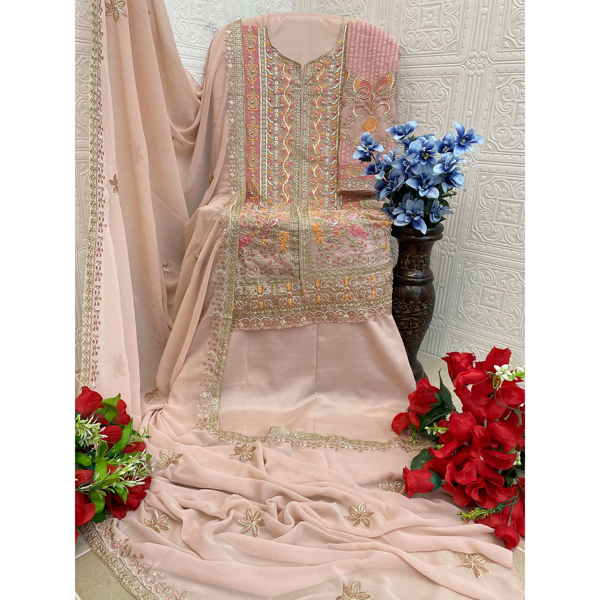 Beige Floral Sequins Embroidery Georgette Semi Stitched Pakistani Suit