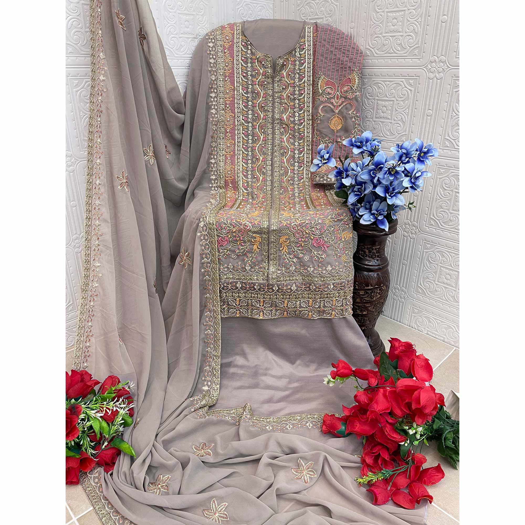 Grey Floral Sequins Embroidery Georgette Semi Stitched Pakistani Suit