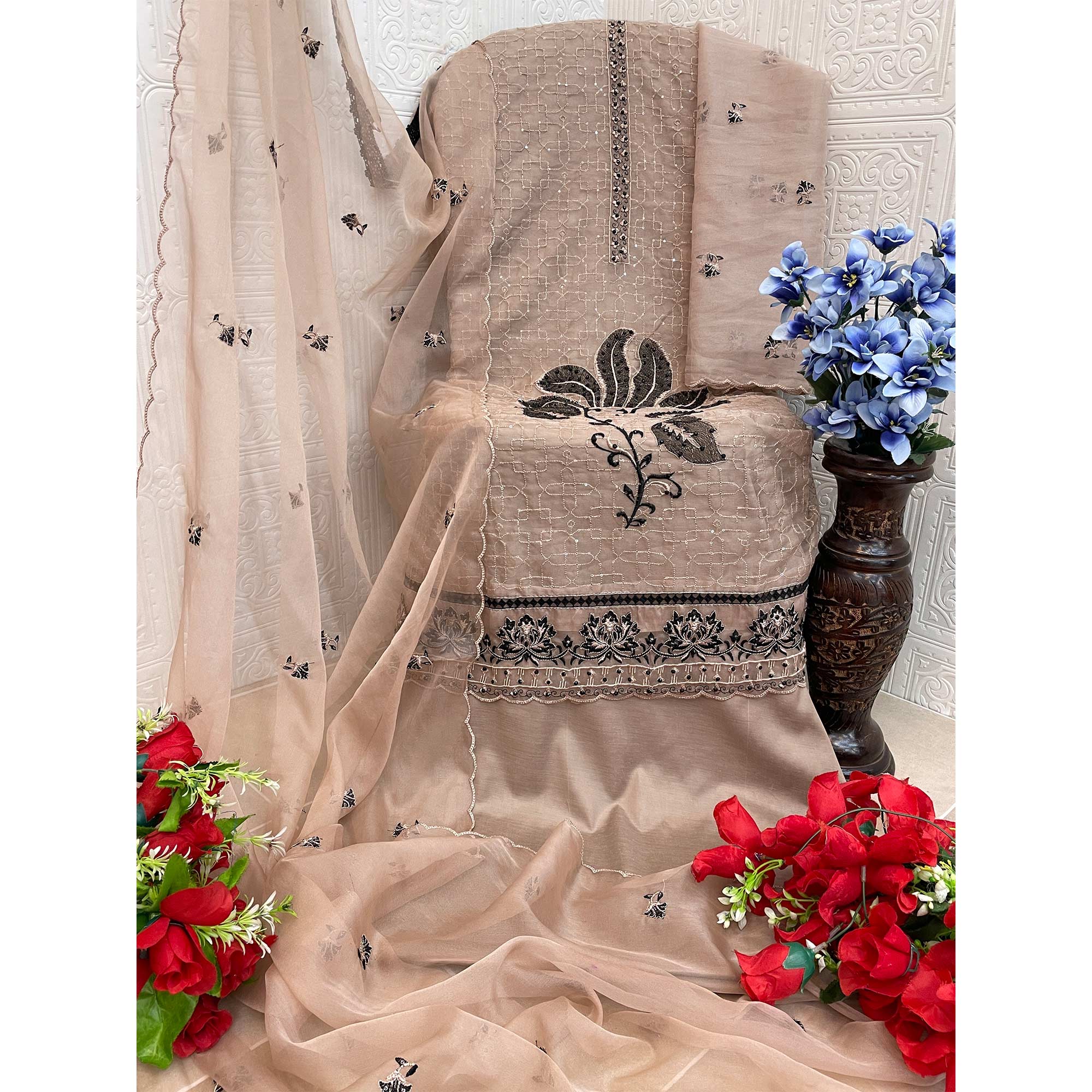 Chikoo Floral Sequins Embroidered Organza Semi Stitched Pakistani Suit