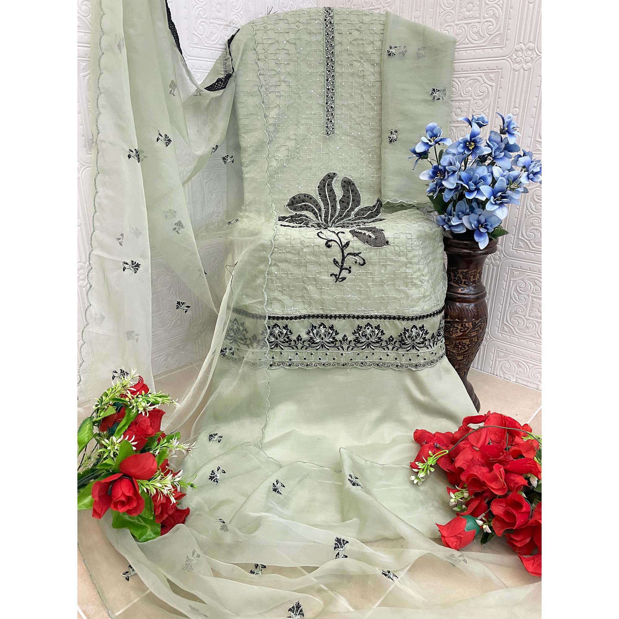Pista Green Floral Sequins Embroidered Organza Semi Stitched Pakistani Suit