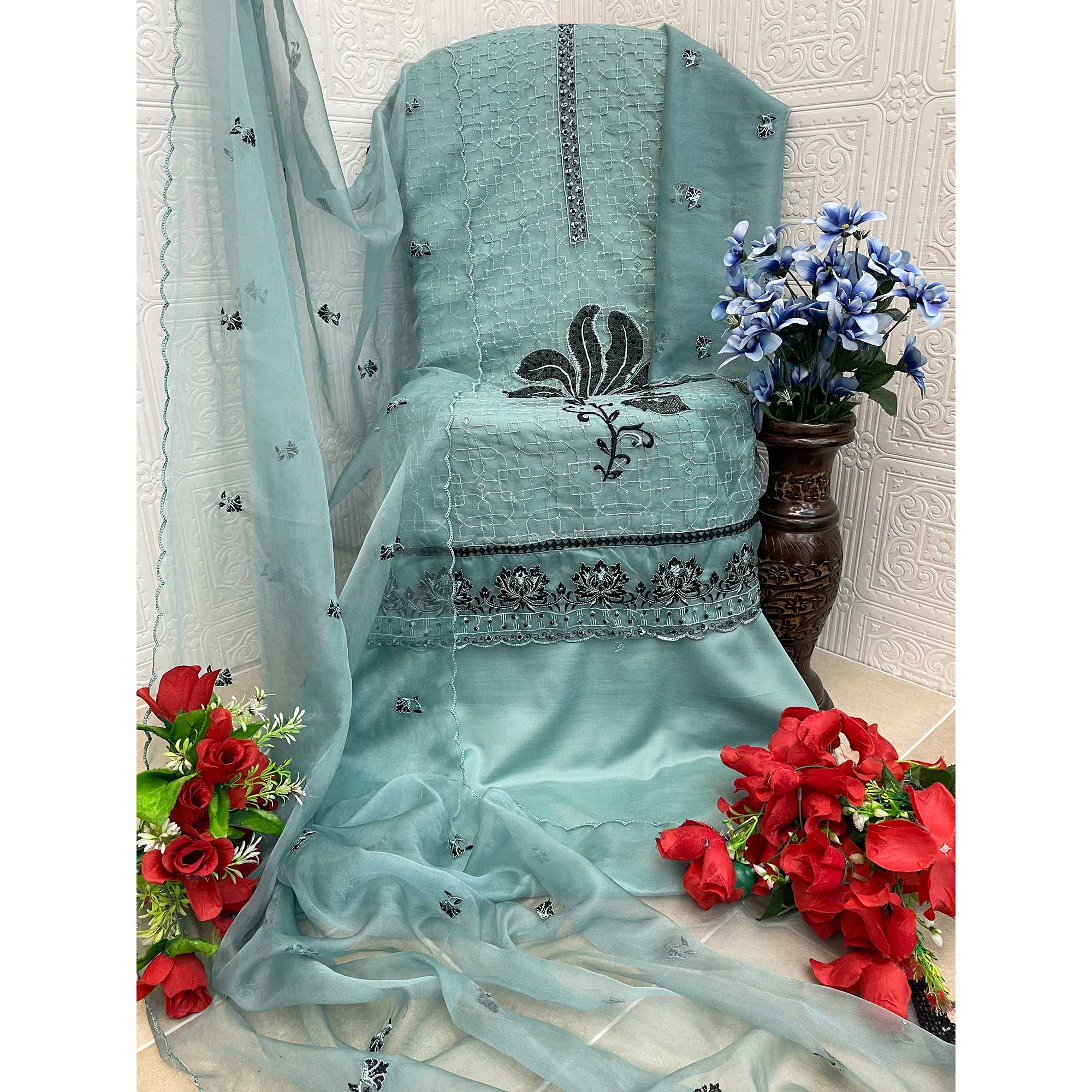 Blue Floral Sequins Embroidered Organza Semi Stitched Pakistani Suit