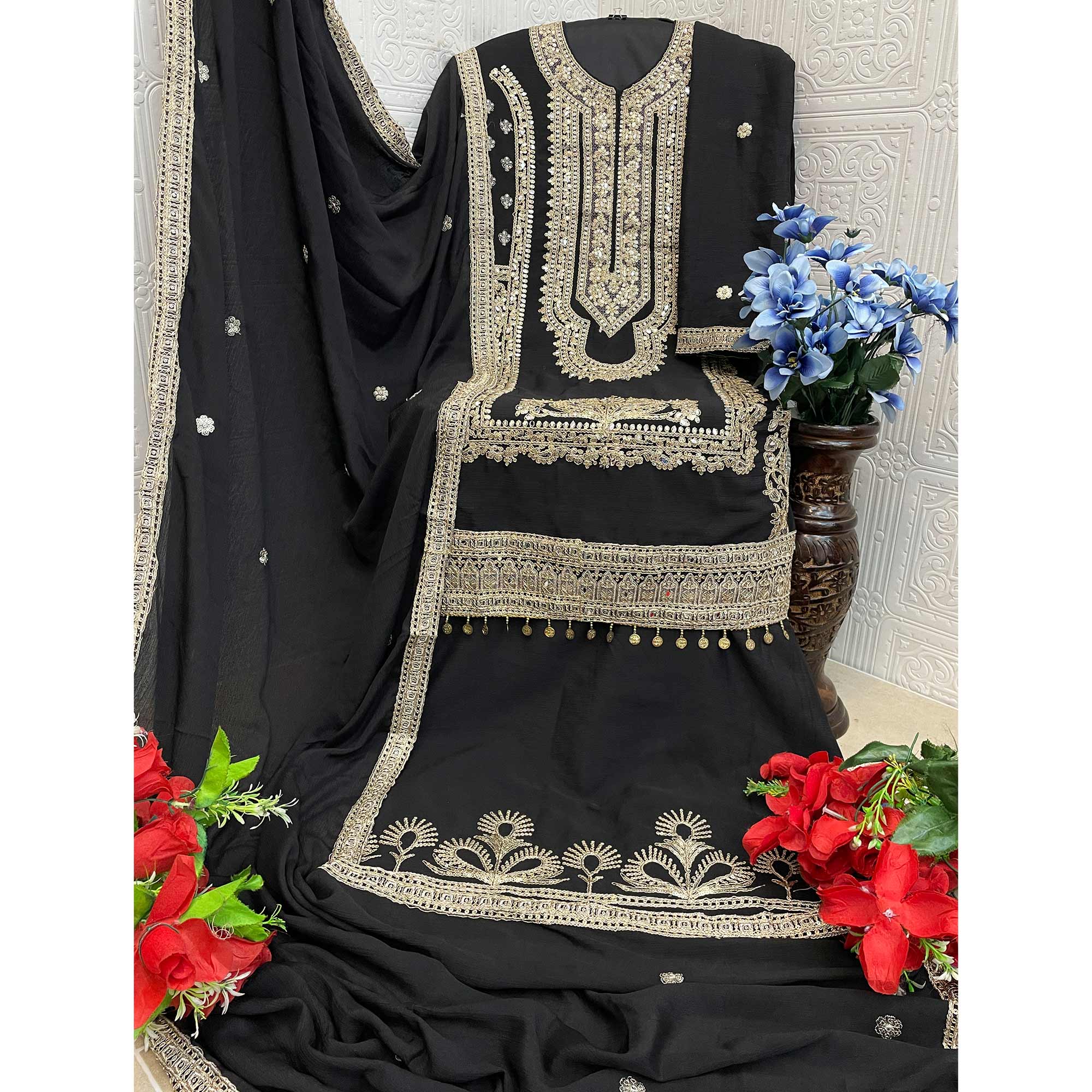 Black Floral Sequins Embroidered Chinon Semi Stitched Pakistani Suit