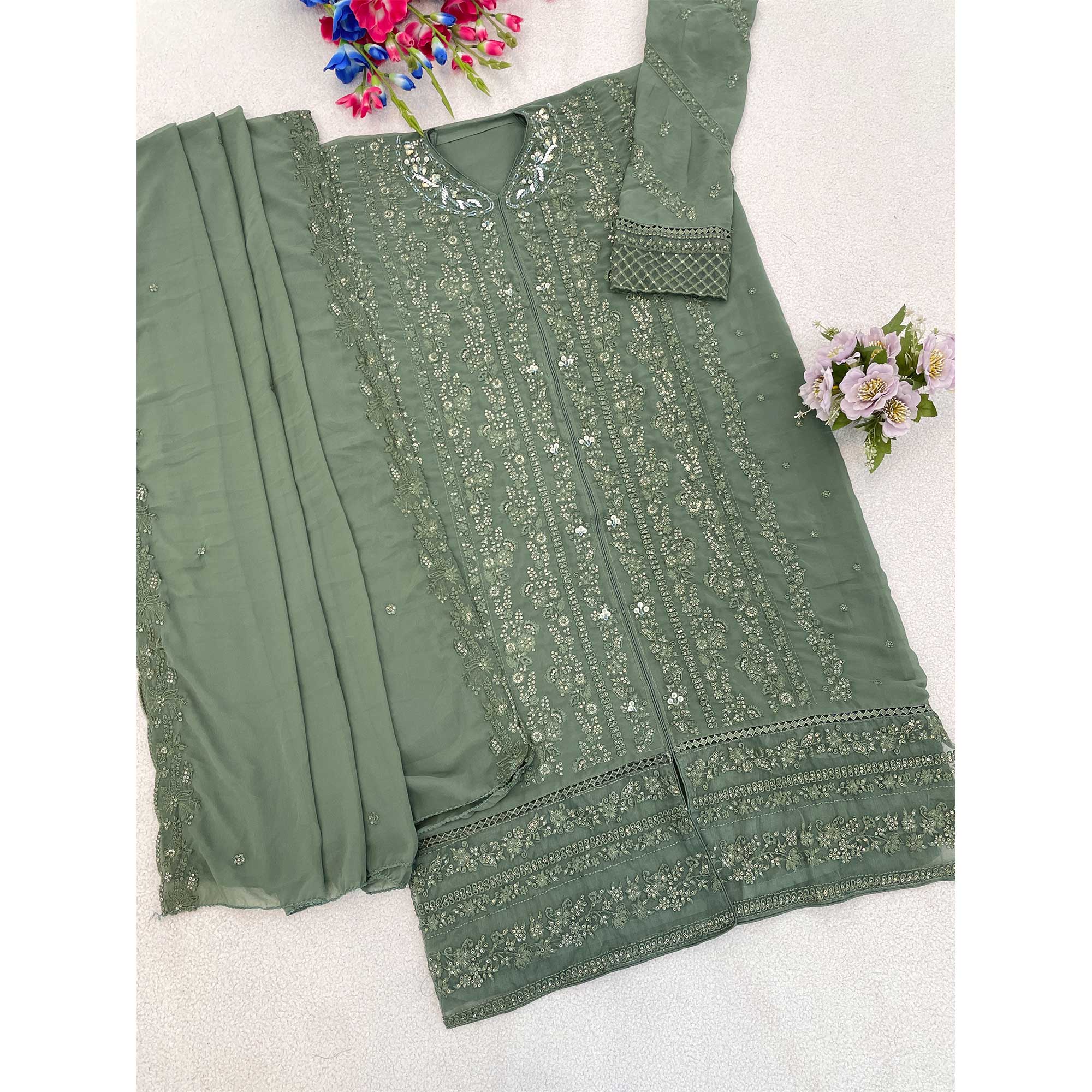 Green Embroidered Georgette Semi-Stitched Pakistani Salwar Suit with Shimmering Sequins