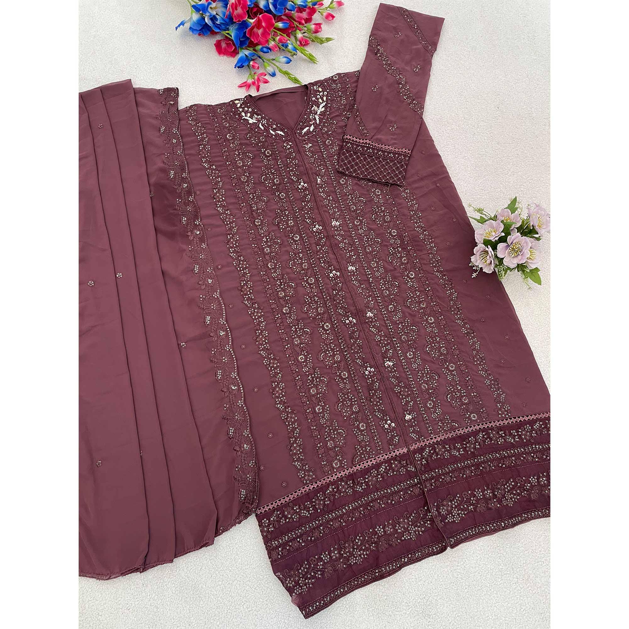 Mauve Embroidered Georgette Semi-Stitched Pakistani Salwar Suit with Shimmering Sequins