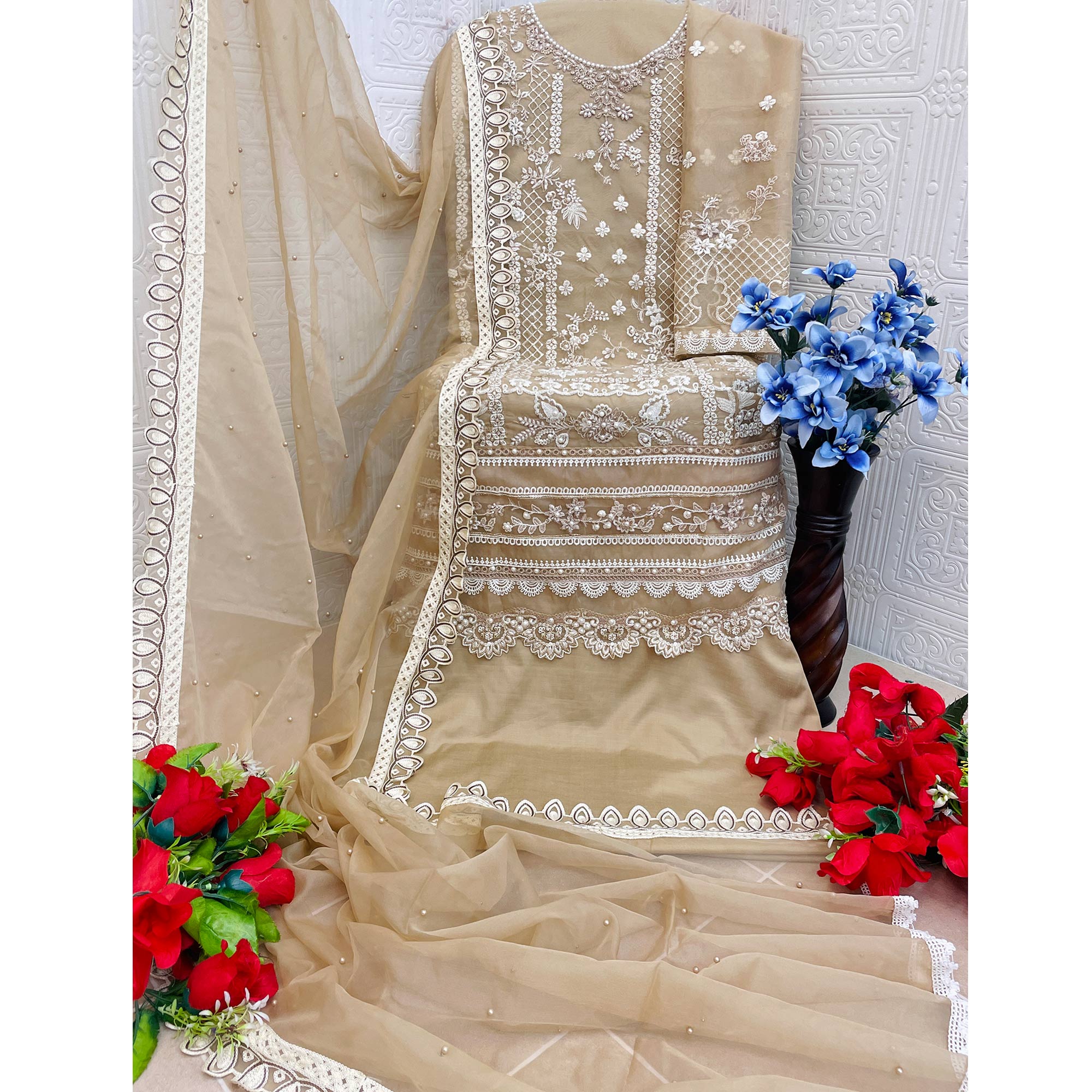 Beige Floral Embroidery With Moti Work Organza Semi Stitched Pakistani Suit