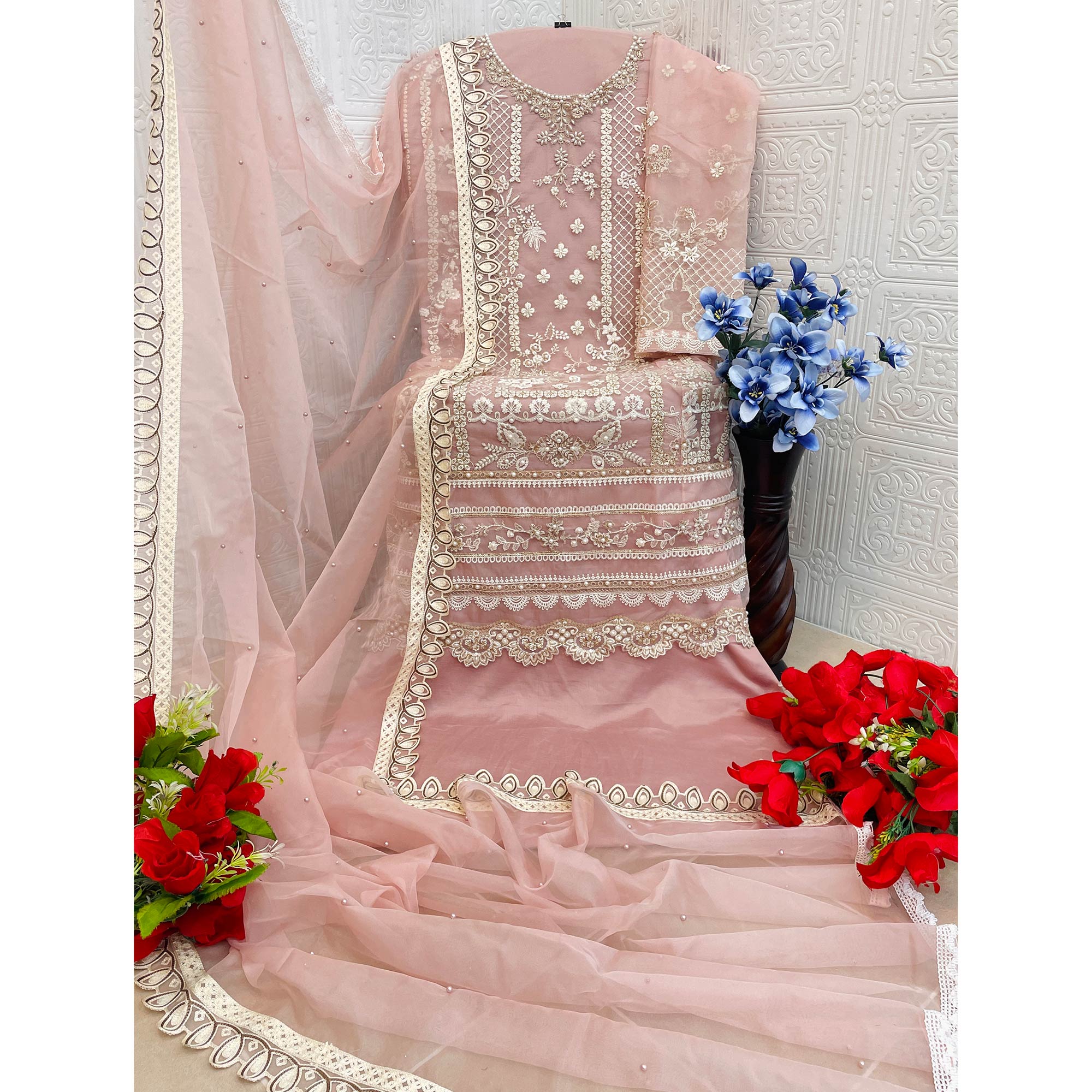 Peach Floral Embroidery With Moti Work Organza Semi Stitched Pakistani Suit