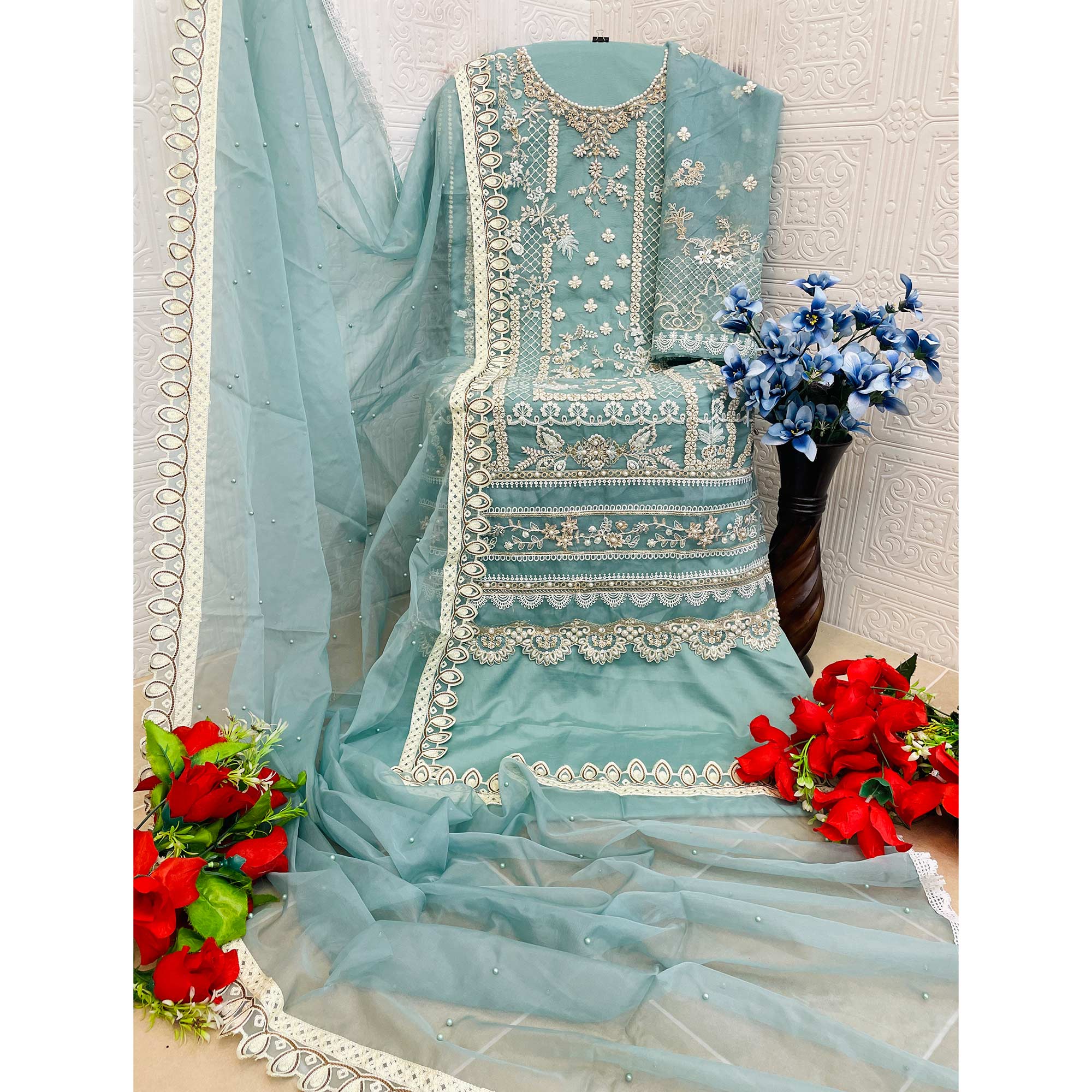 Blue Floral Embroidery With Moti Work Organza Semi Stitched Pakistani Suit