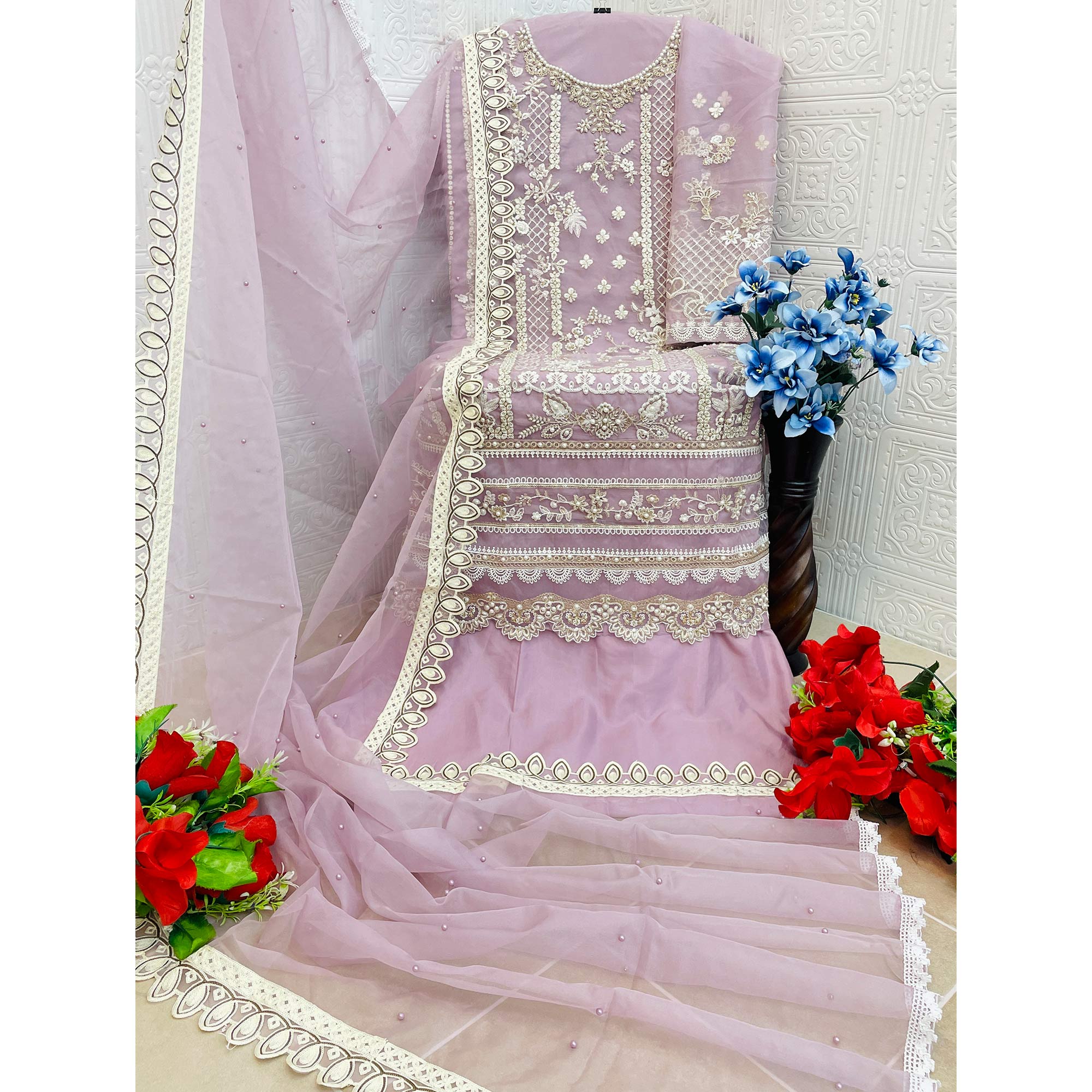Lavender Floral Embroidery With Moti Work Organza Semi Stitched Pakistani Suit