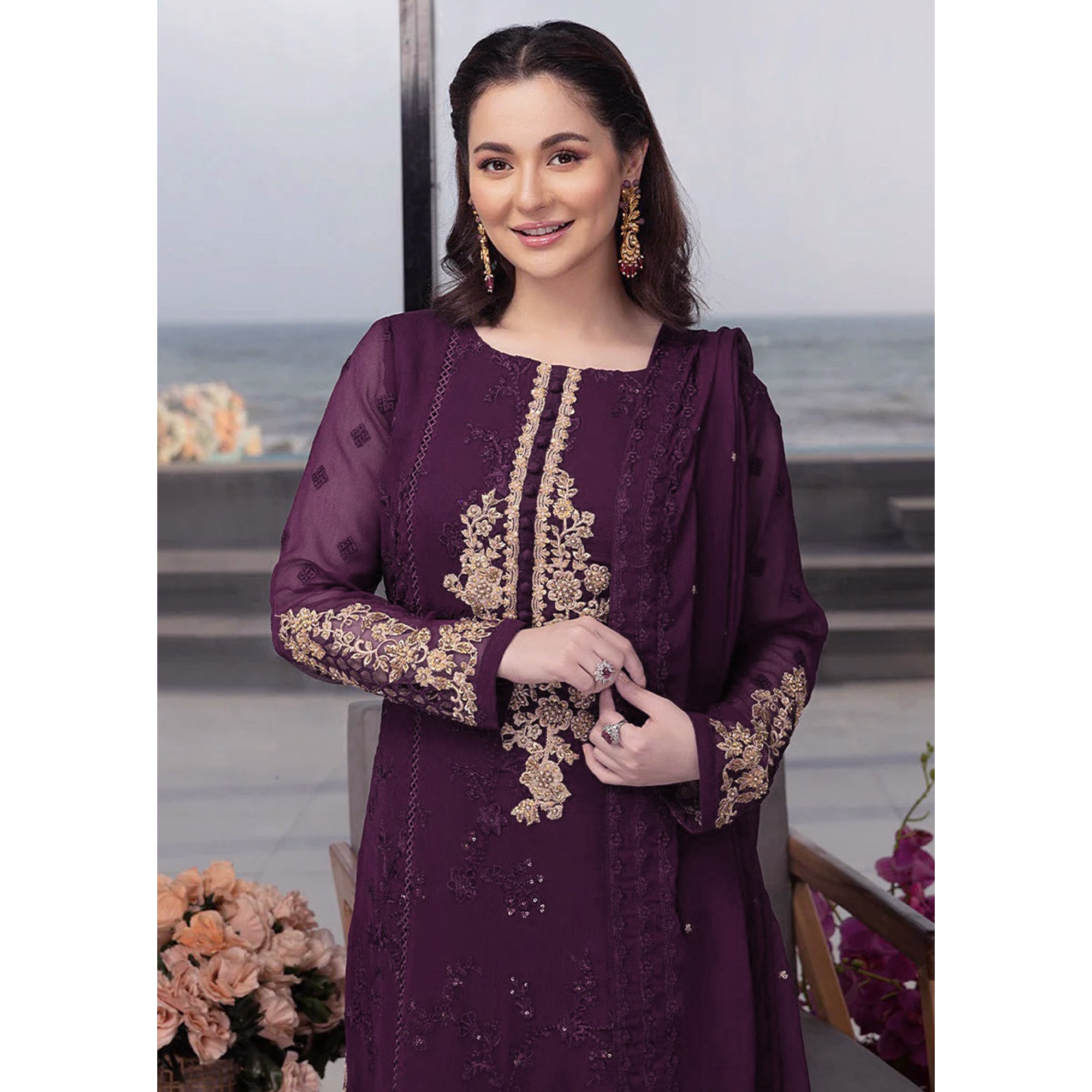 Purple Floral Embroidered Georgette Semi Stitched Pakistani Suit