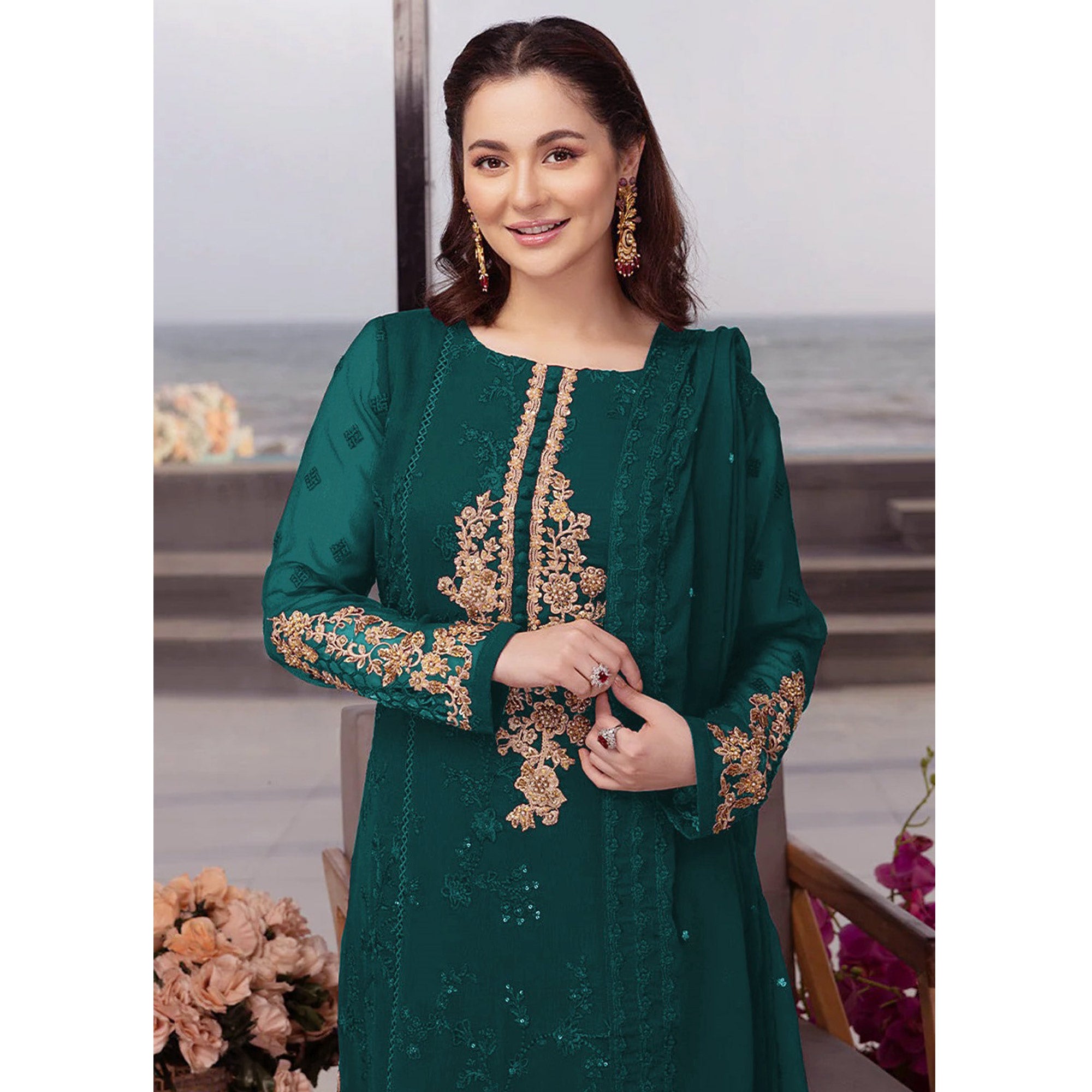 Teal Floral Embroidered Georgette Semi Stitched Pakistani Suit