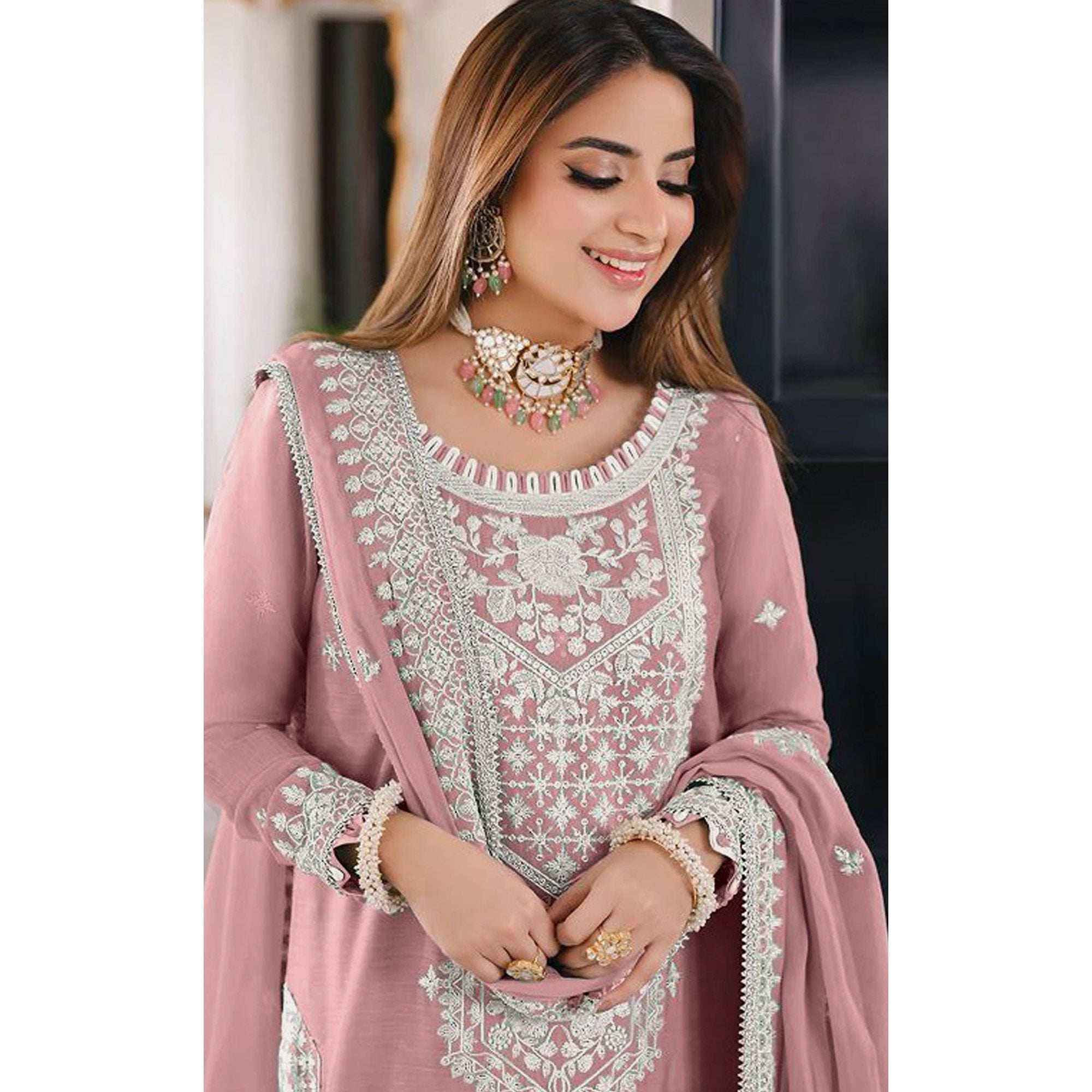 Pink Embroidered Organza Pakistani Semi Stitched Dress Material