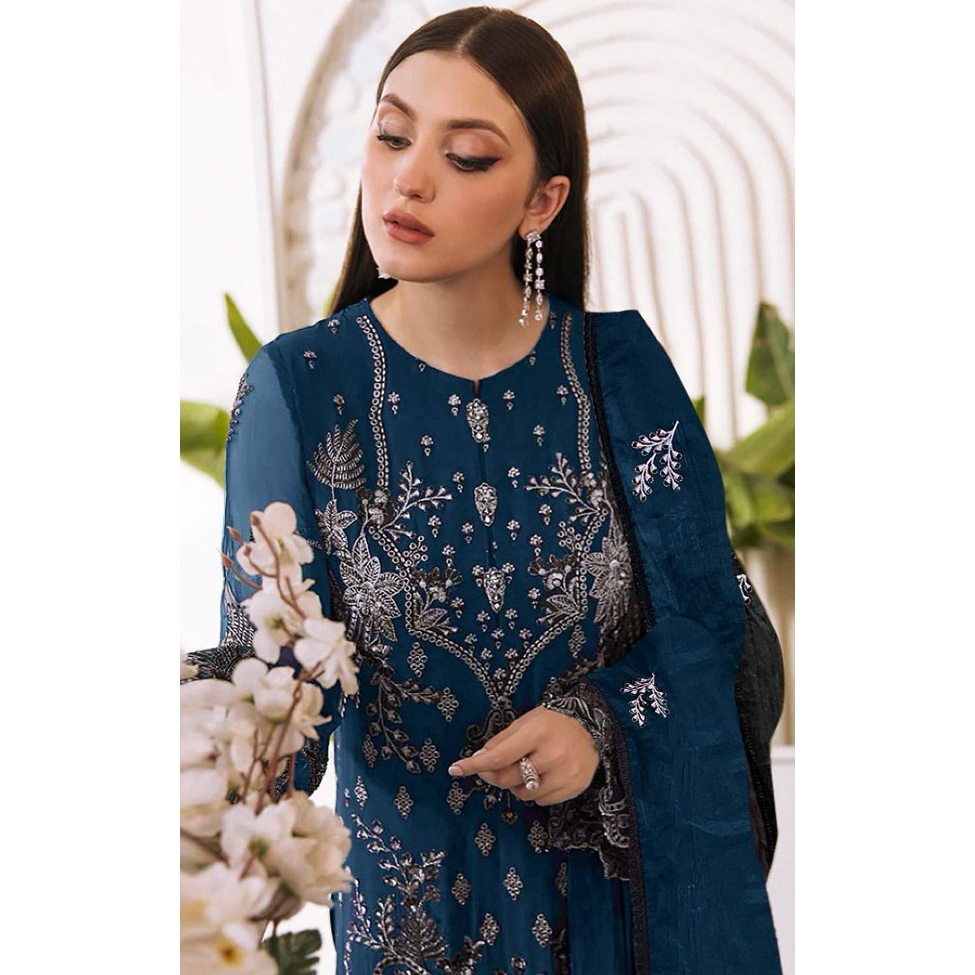 Indigo Blue Embroidered Georgette Pakistani Semi Stitched Dress Material