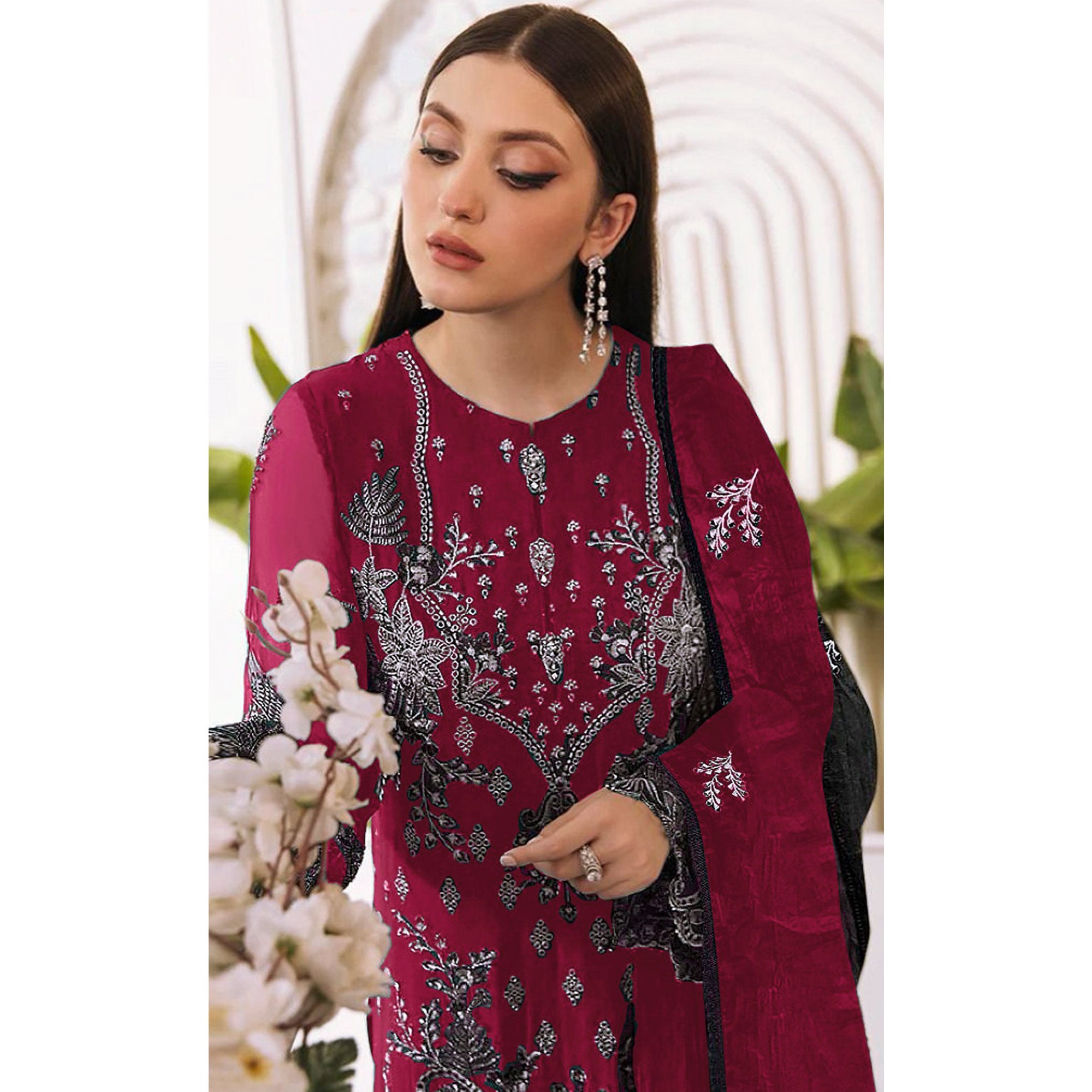 Maroon Embroidered Georgette Pakistani Semi Stitched Dress Material