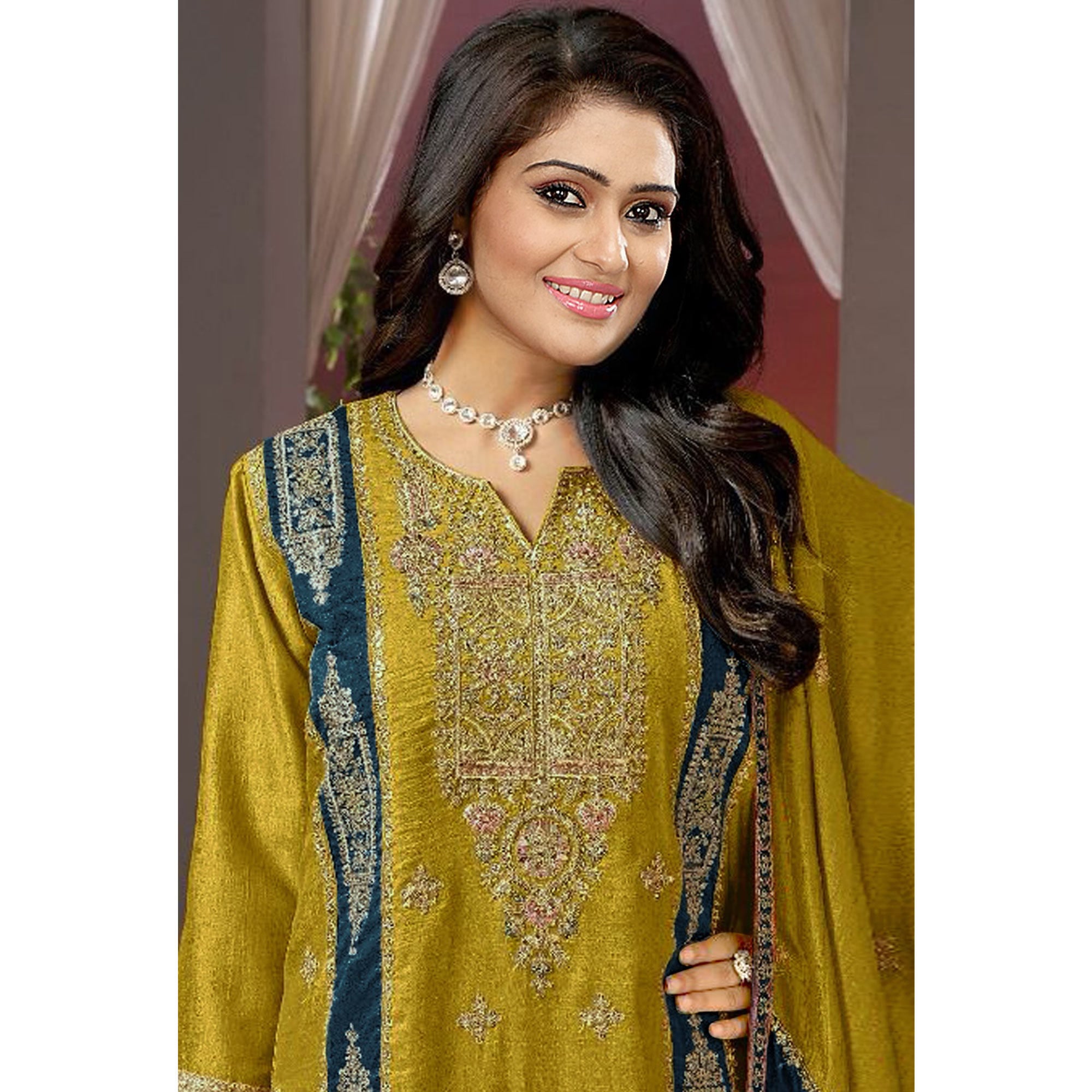 Mustard Floral Embroidered Vichitra Silk Semi Stitched Pakistani Suit