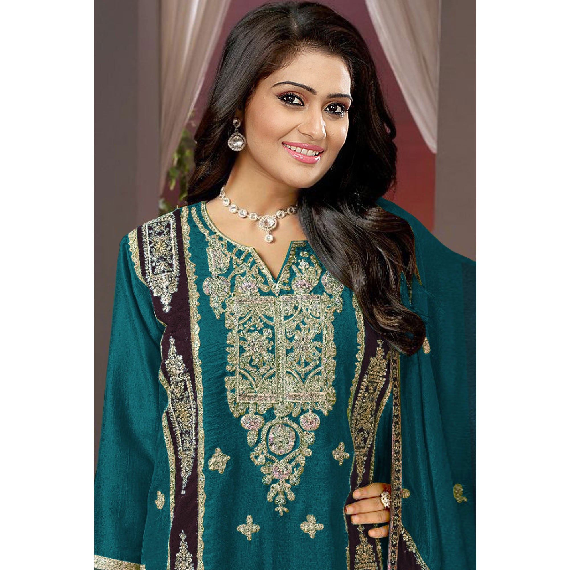 Teal Floral Embroidered Vichitra Silk Semi Stitched Pakistani Suit
