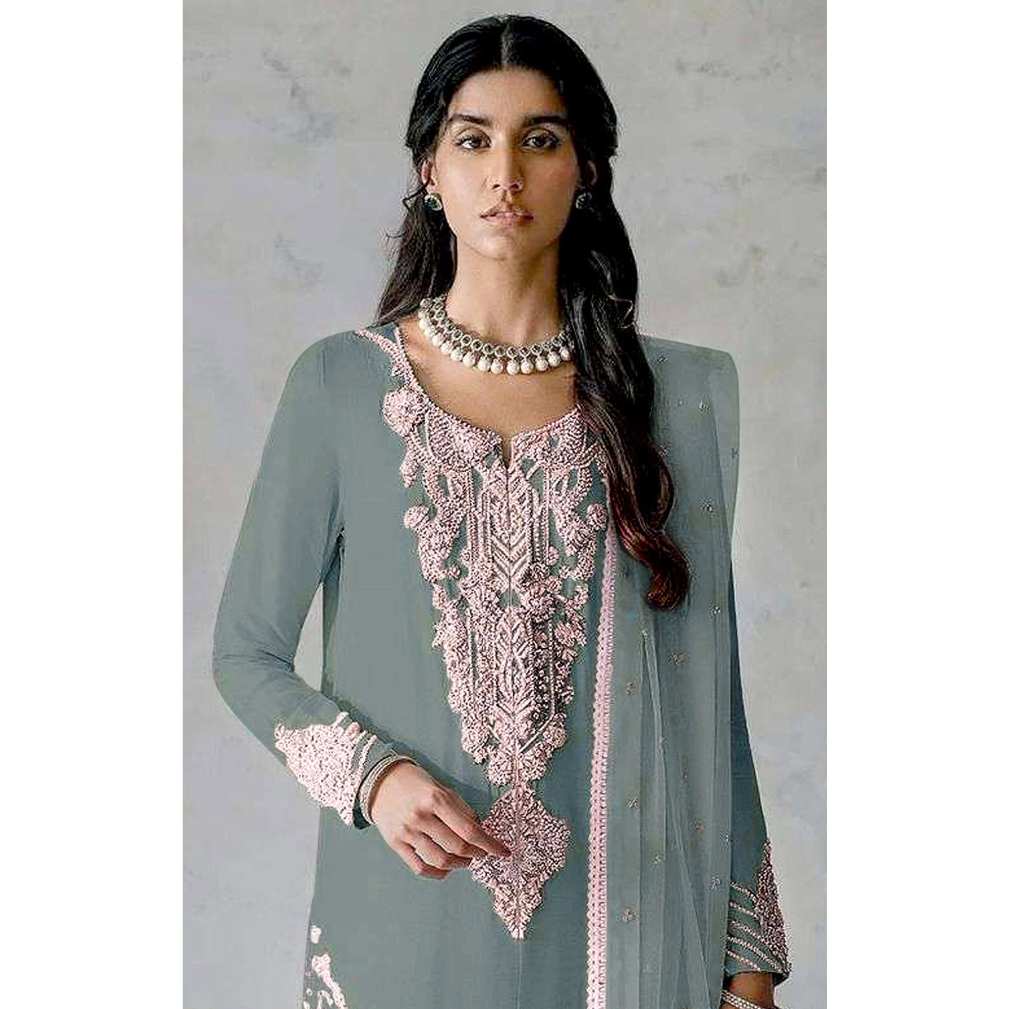 Sky Blue Embroidered Georgette Pakistani Dress Material