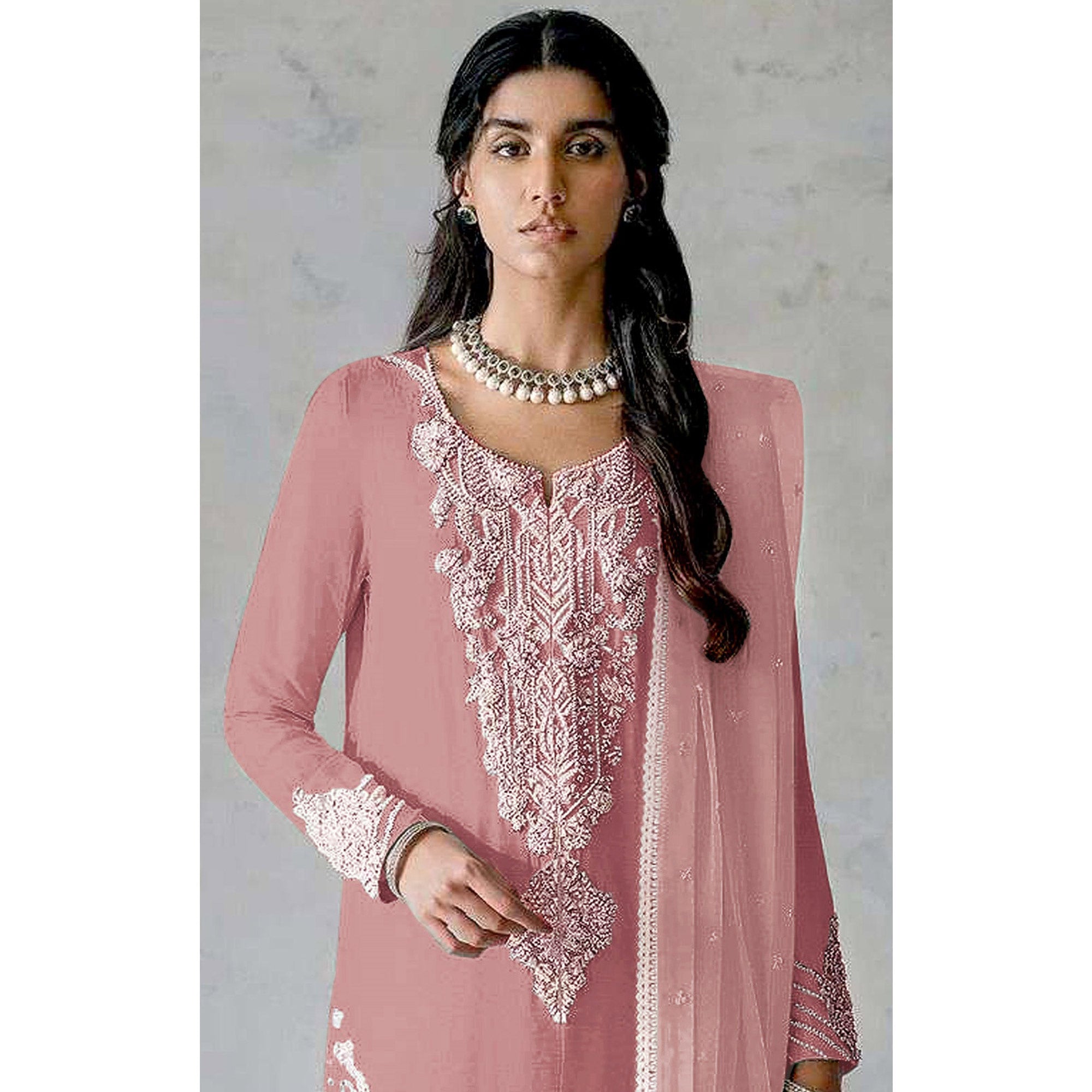 Peach Embroidered Georgette Pakistani Dress Material