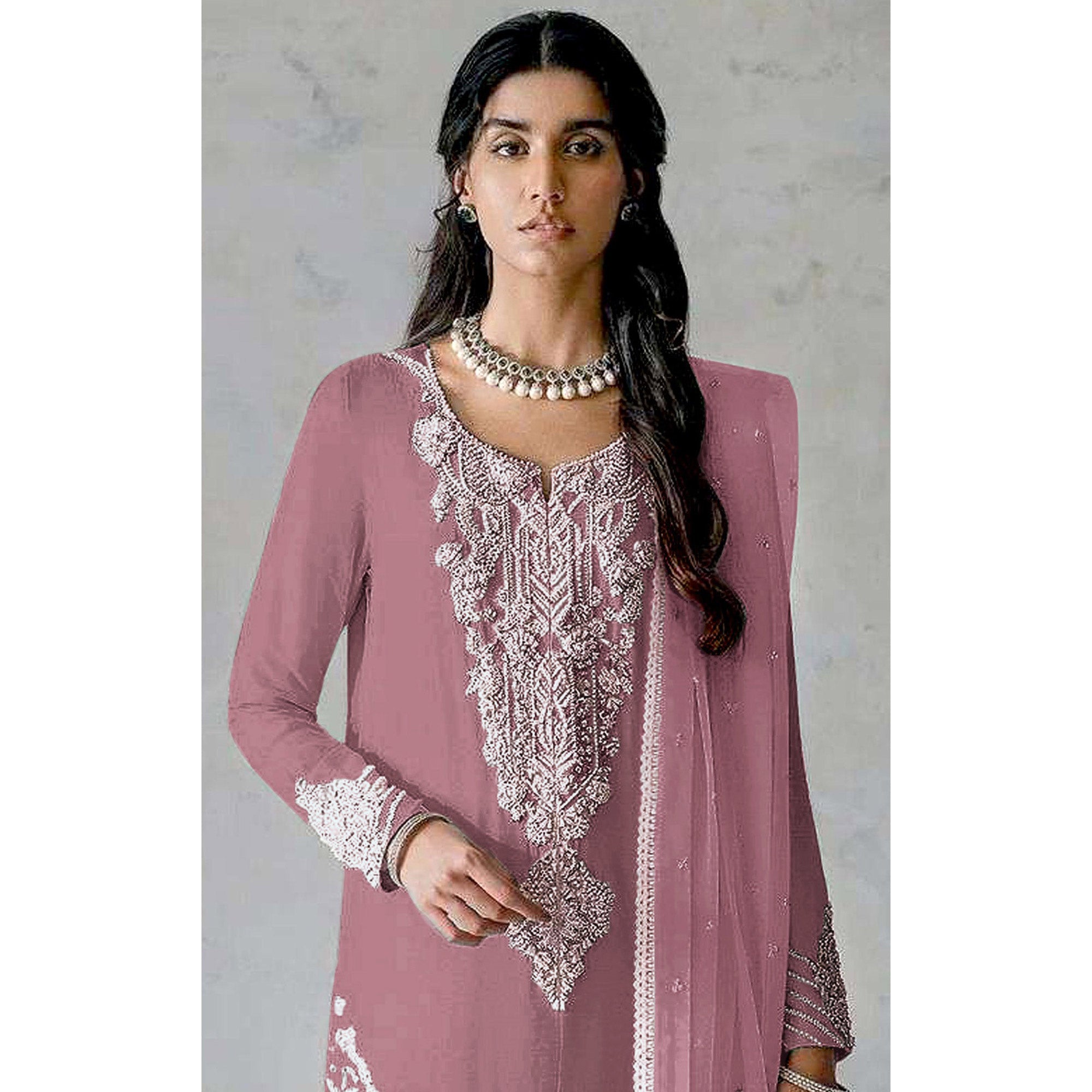 Pink Embroidered Georgette Pakistani Dress Material