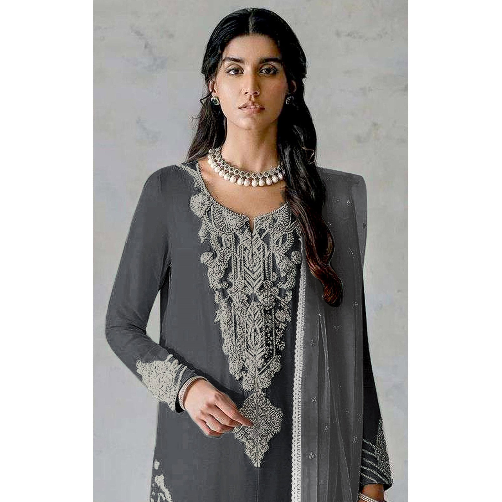 Grey Embroidered Georgette Pakistani Dress Material
