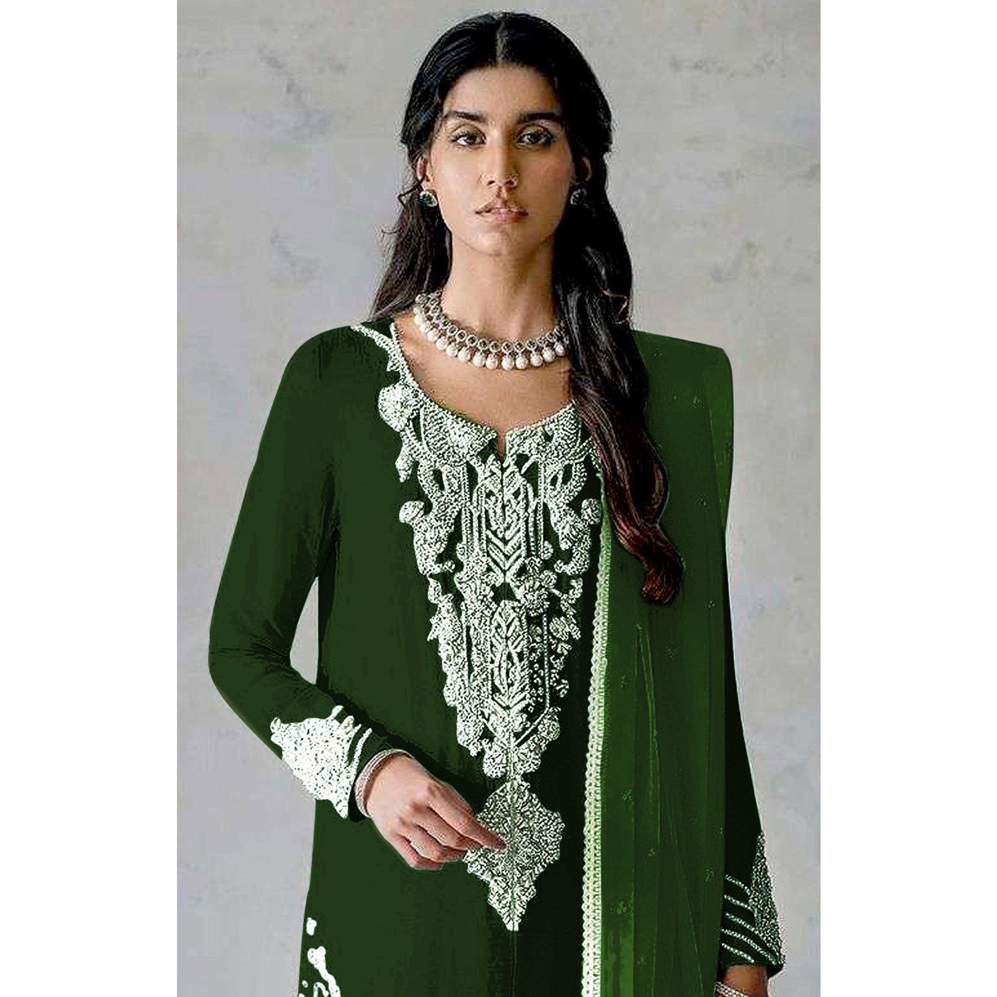 Green Embroidered Georgette Pakistani Dress Material