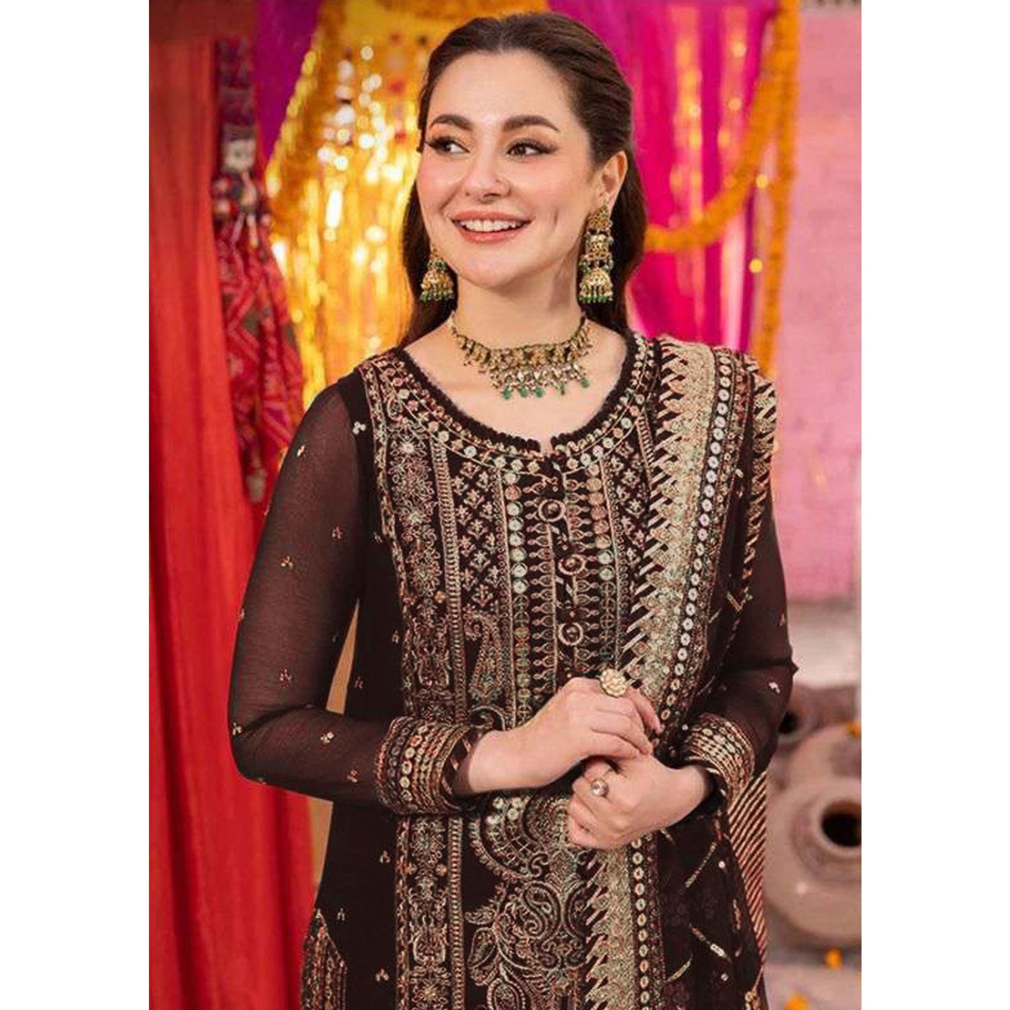 Brown Embroidered Georgette Pakistani Dress Material