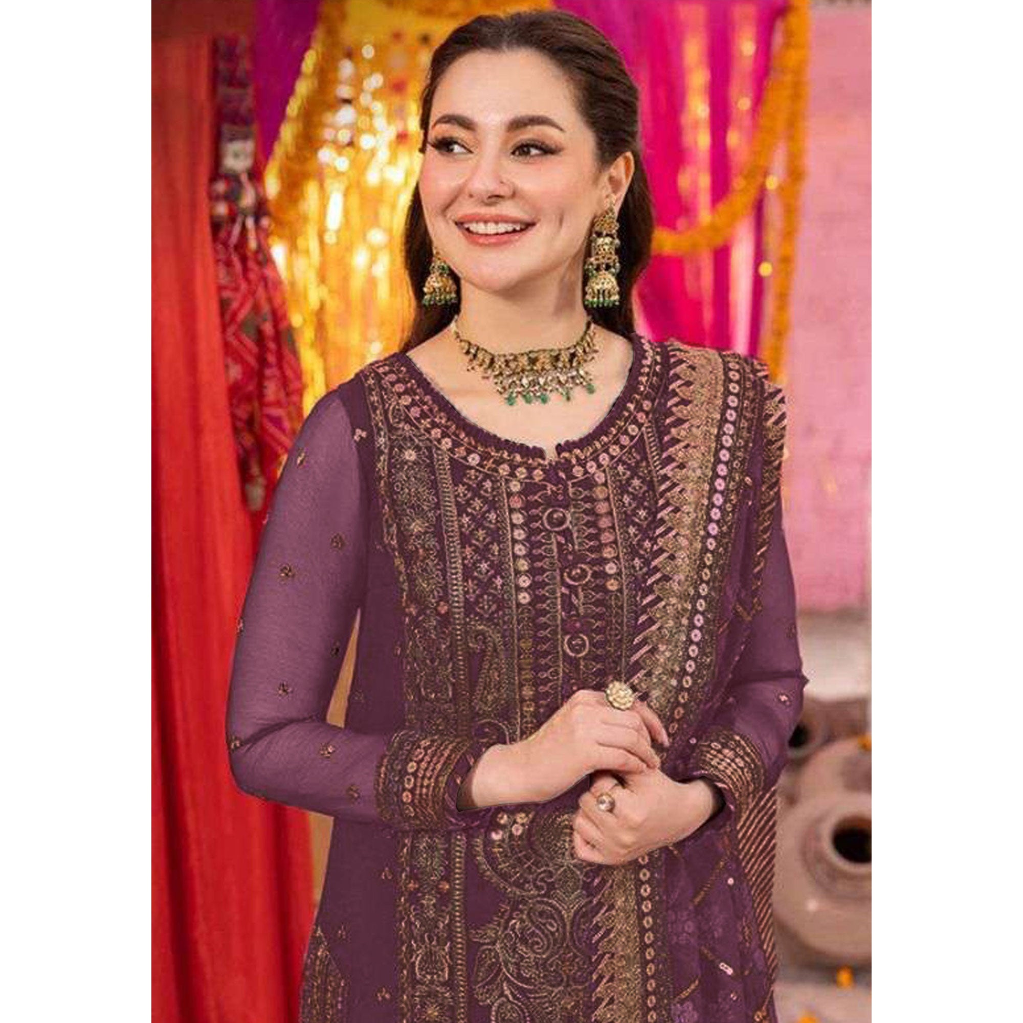 Purple Embroidered Georgette Pakistani Dress Material