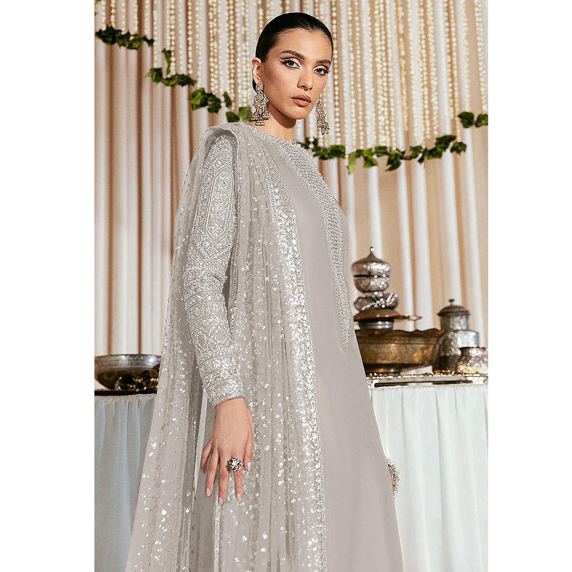 Beige Sequins Embroidered Georgette Pakistani Suit