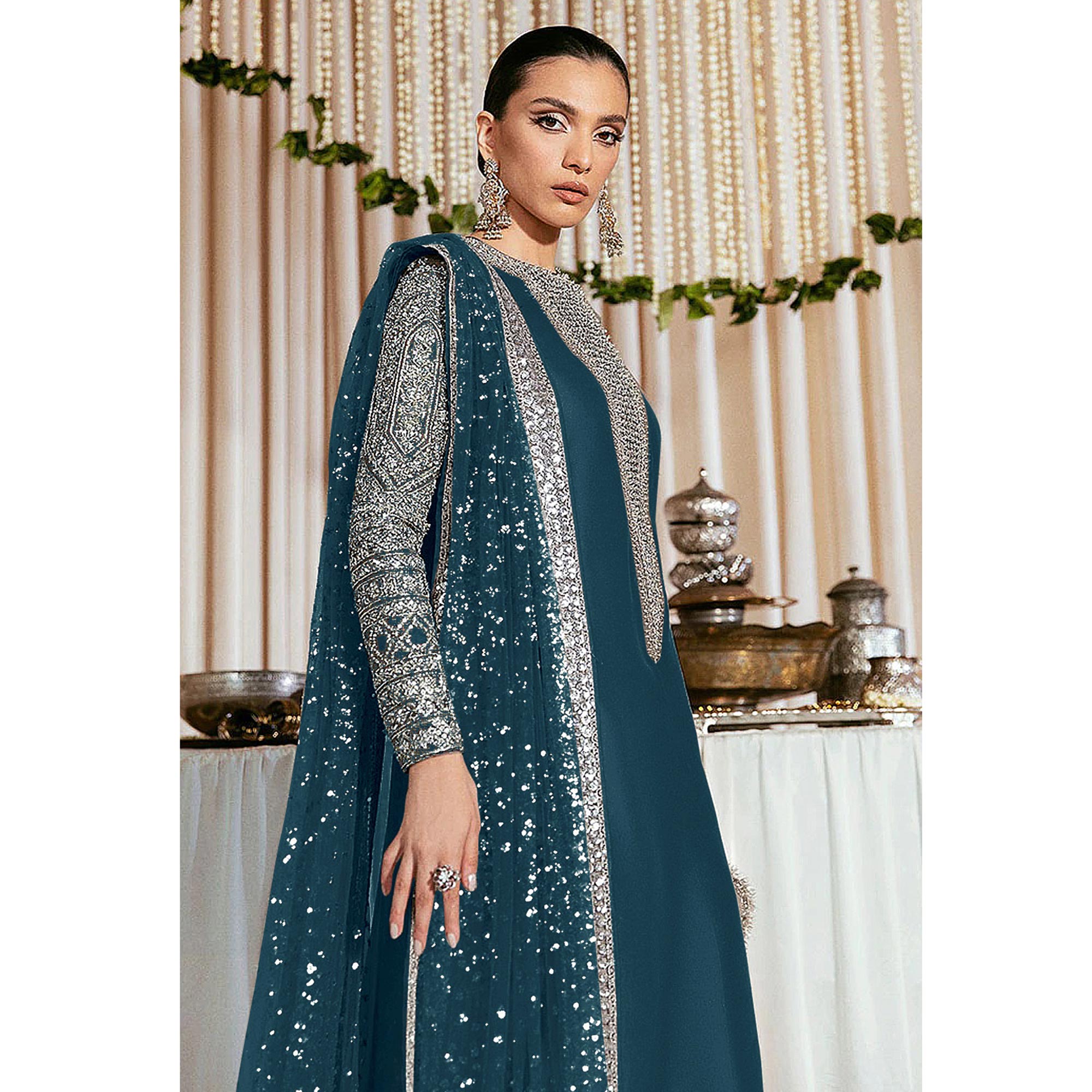 Teal Blue Sequins Embroidered Georgette Pakistani Suit