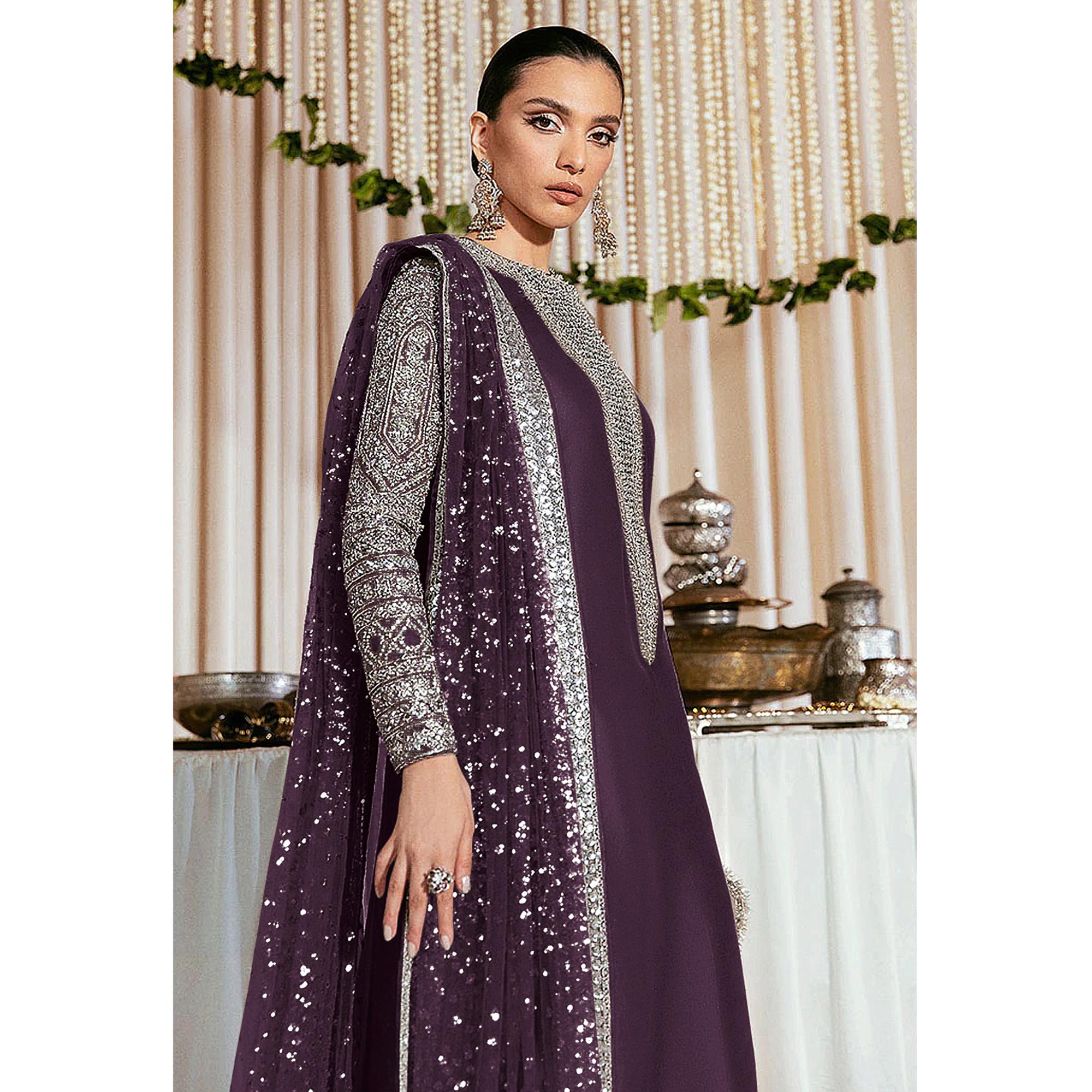 Purple Sequins Embroidered Georgette Pakistani Suit