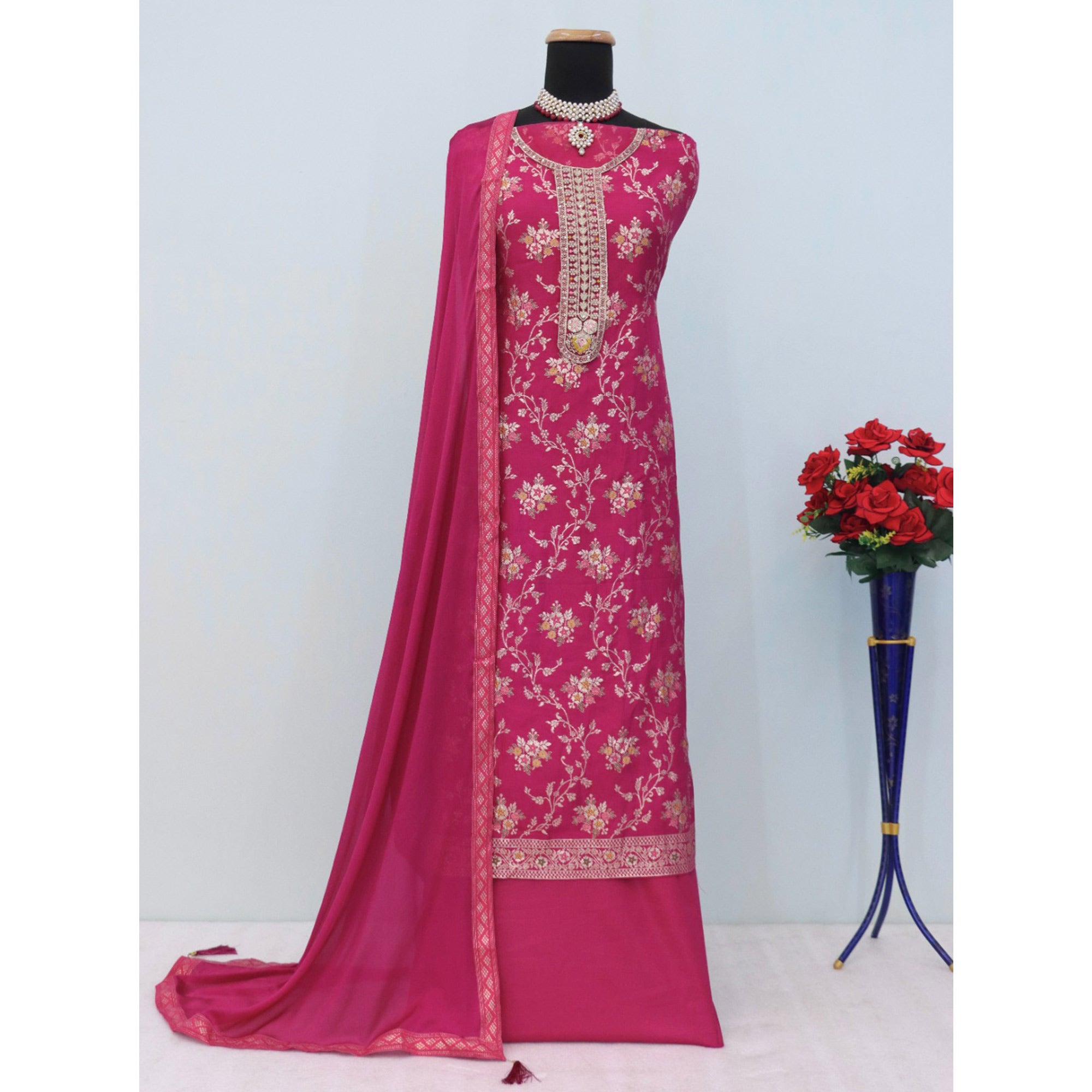 Pink Floral Woven With Embroidered Viscose Semi Stitched Suit