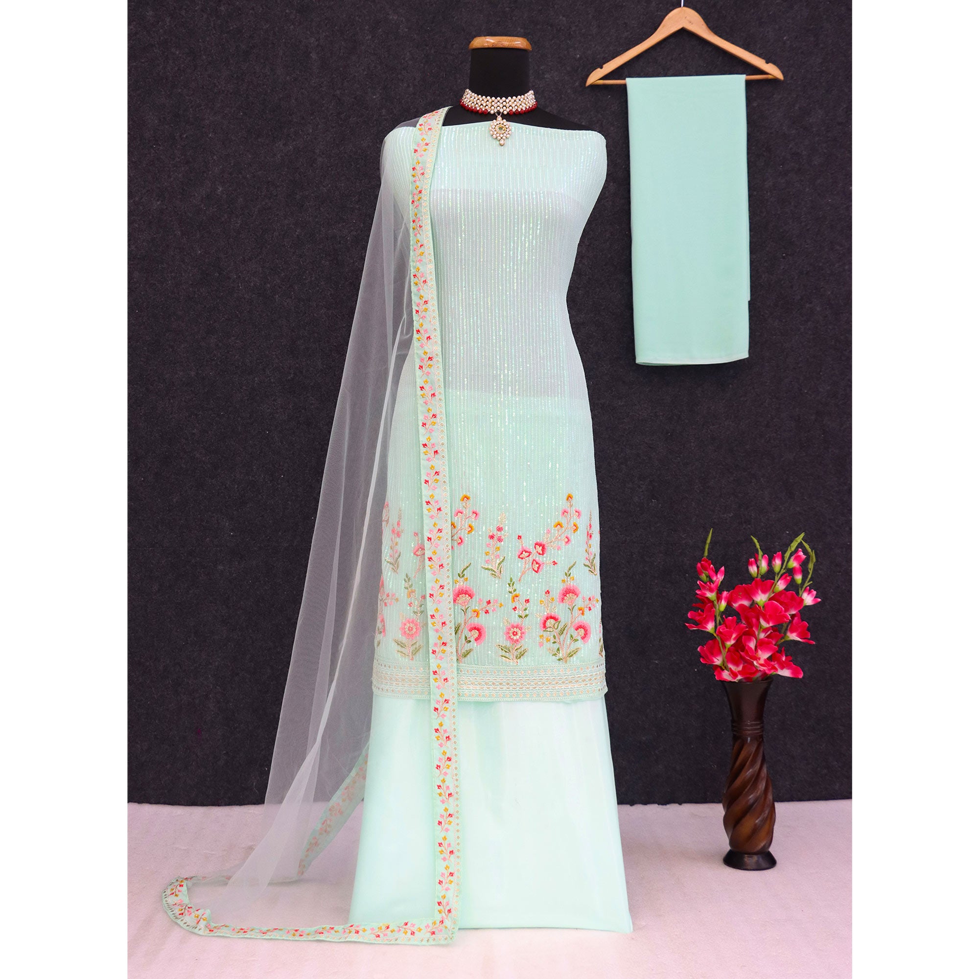 Light Sea Green Floral Sequins Embroidery Georgette Semi Stitched Pakistani Suit