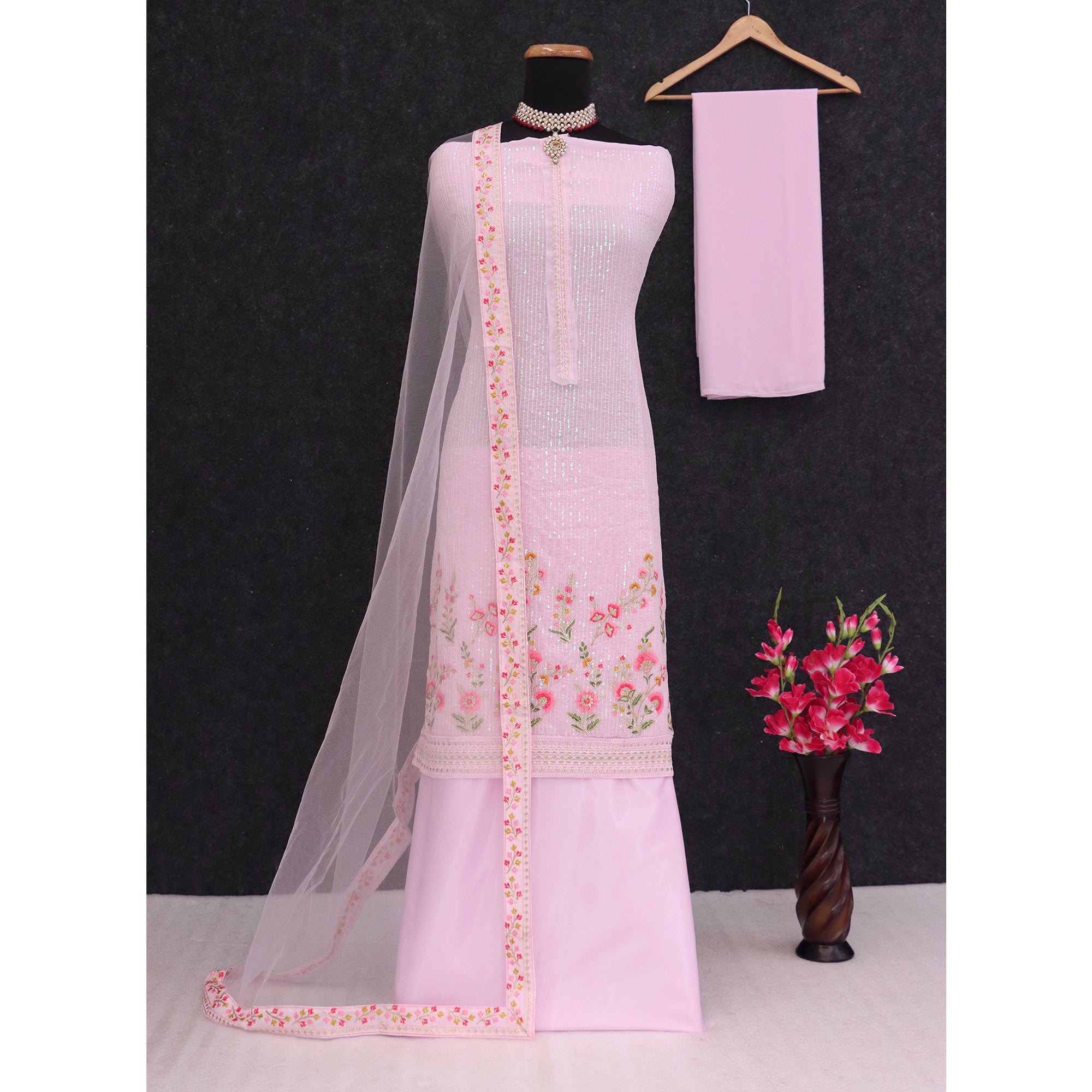 Pink Floral Sequins Embroidery Georgette Semi Stitched Pakistani Suit