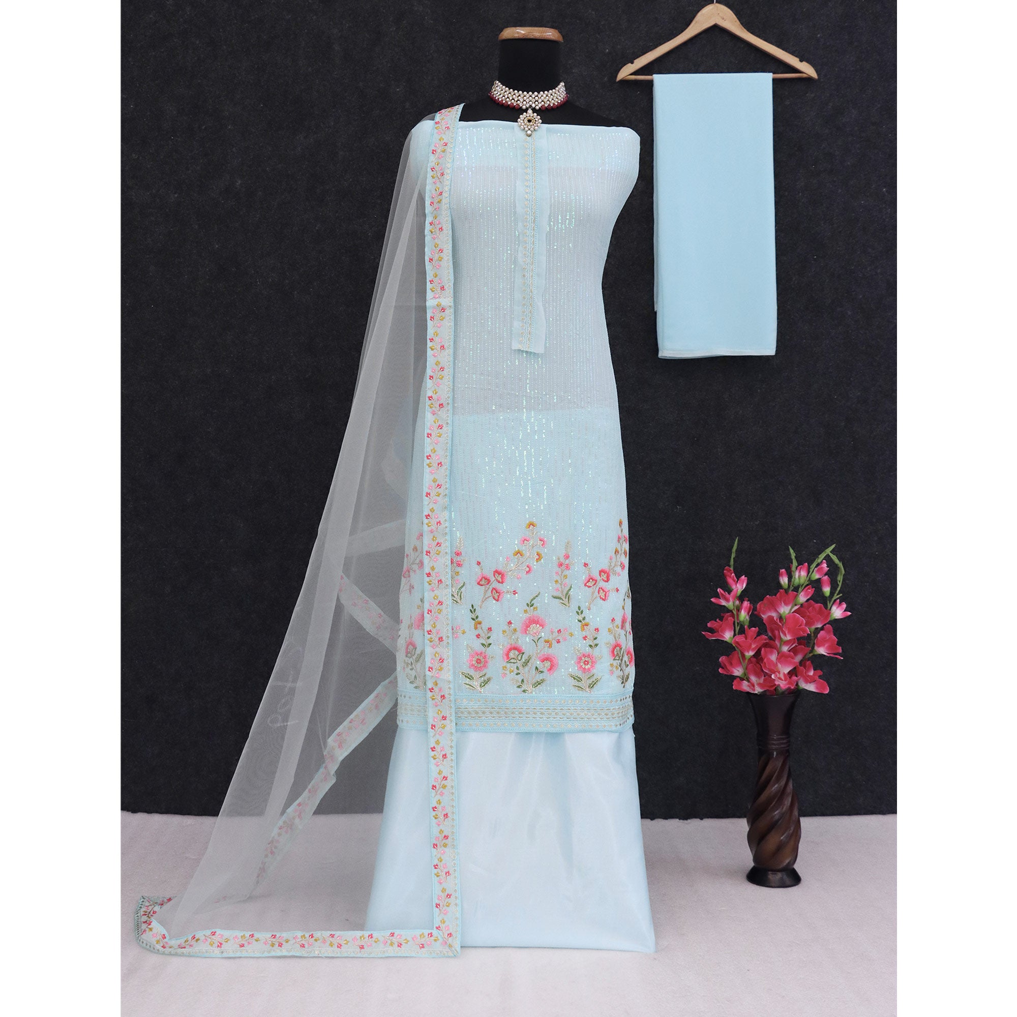 Sky Blue Floral Sequins Embroidery Georgette Semi Stitched Pakistani Suit