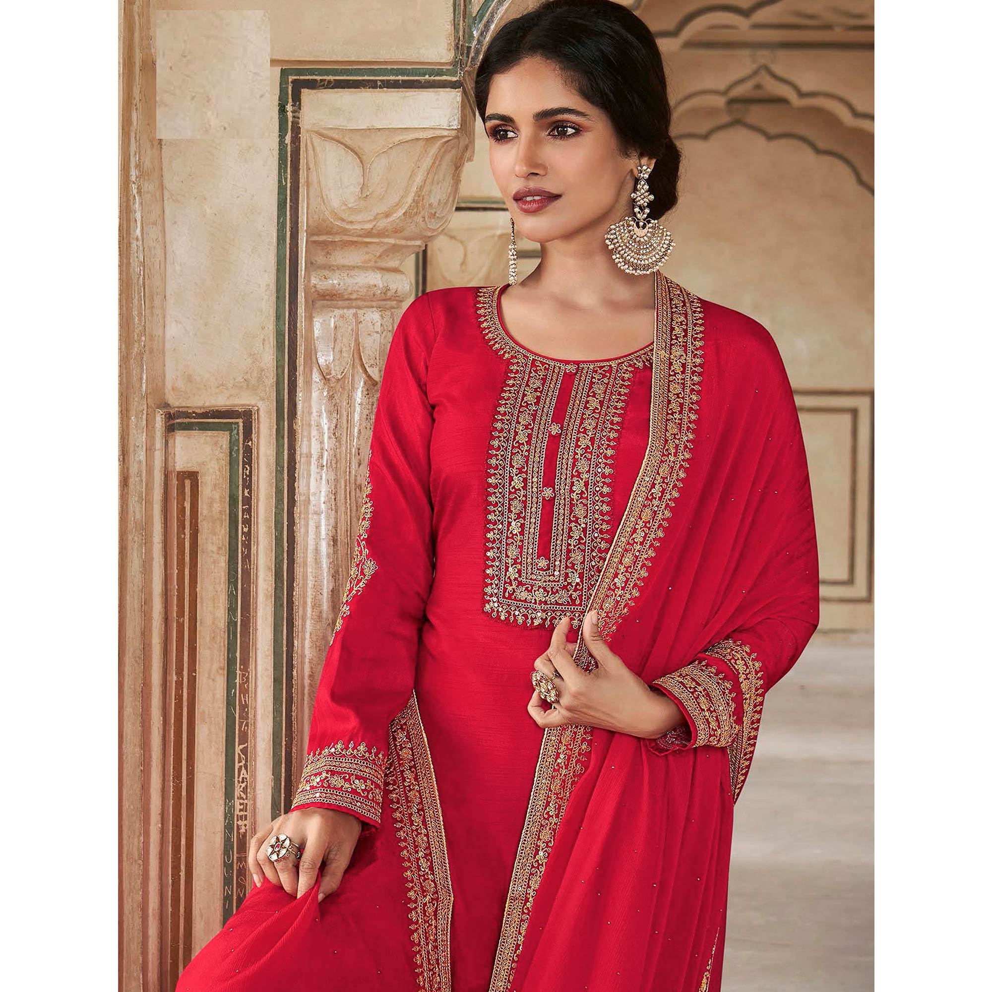 Pink Floral Sequins Embroidered Dola Silk Palazzo Suit
