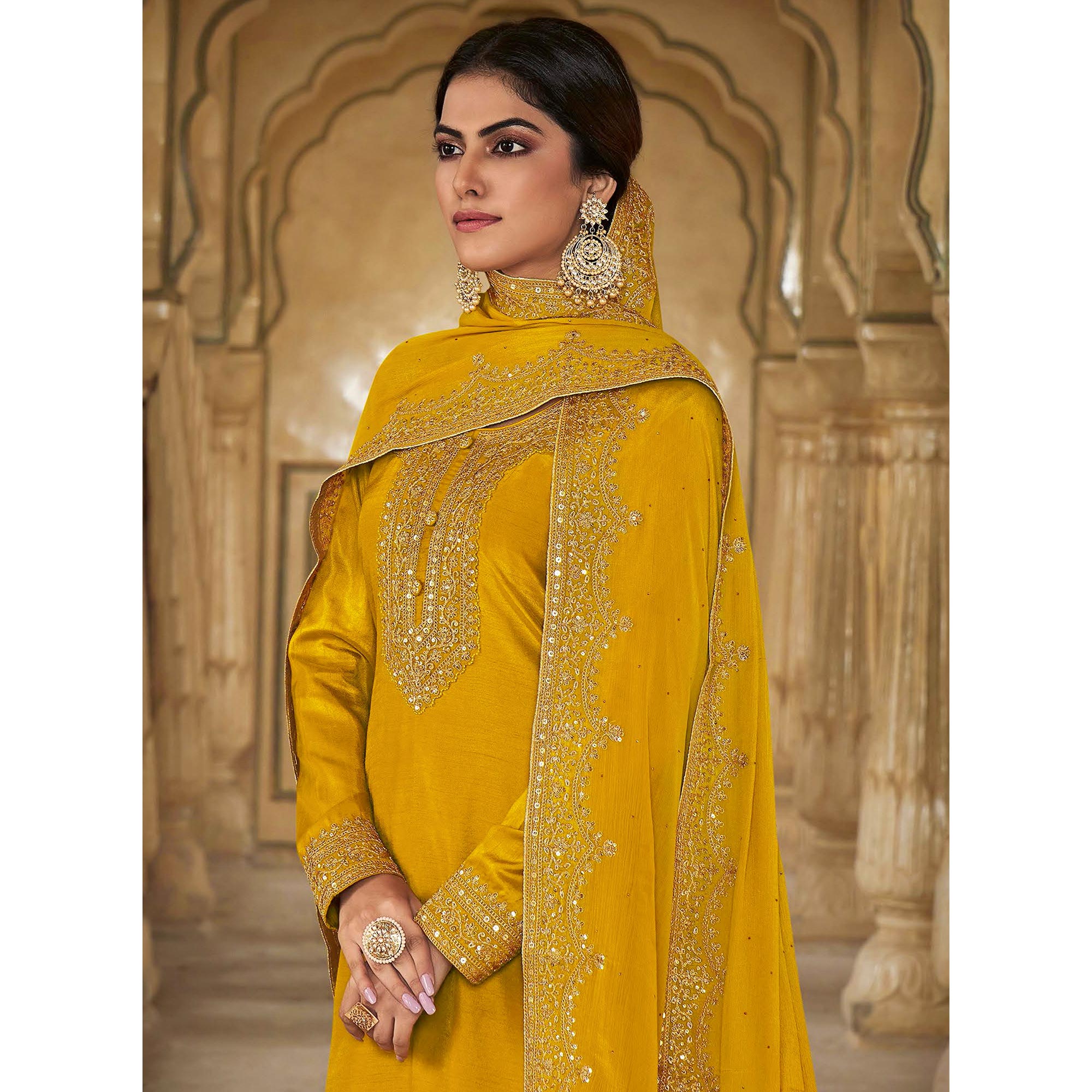 Yellow Floral Sequins Embroidered Dola Silk Palazzo Suit