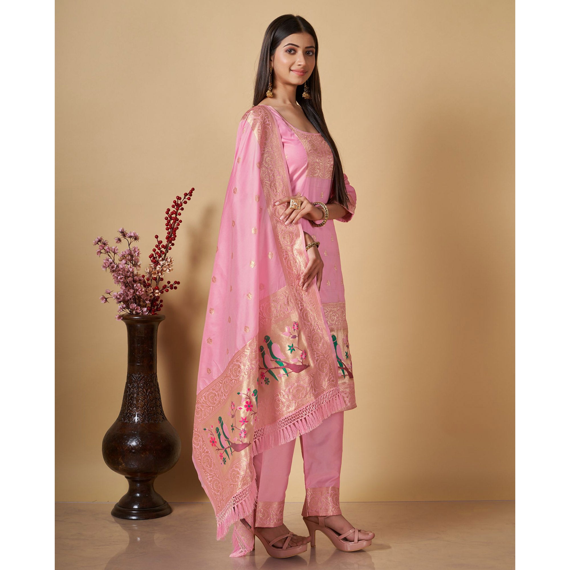 Baby Pink Floral Woven Banarasi Silk Paithani Dress Material