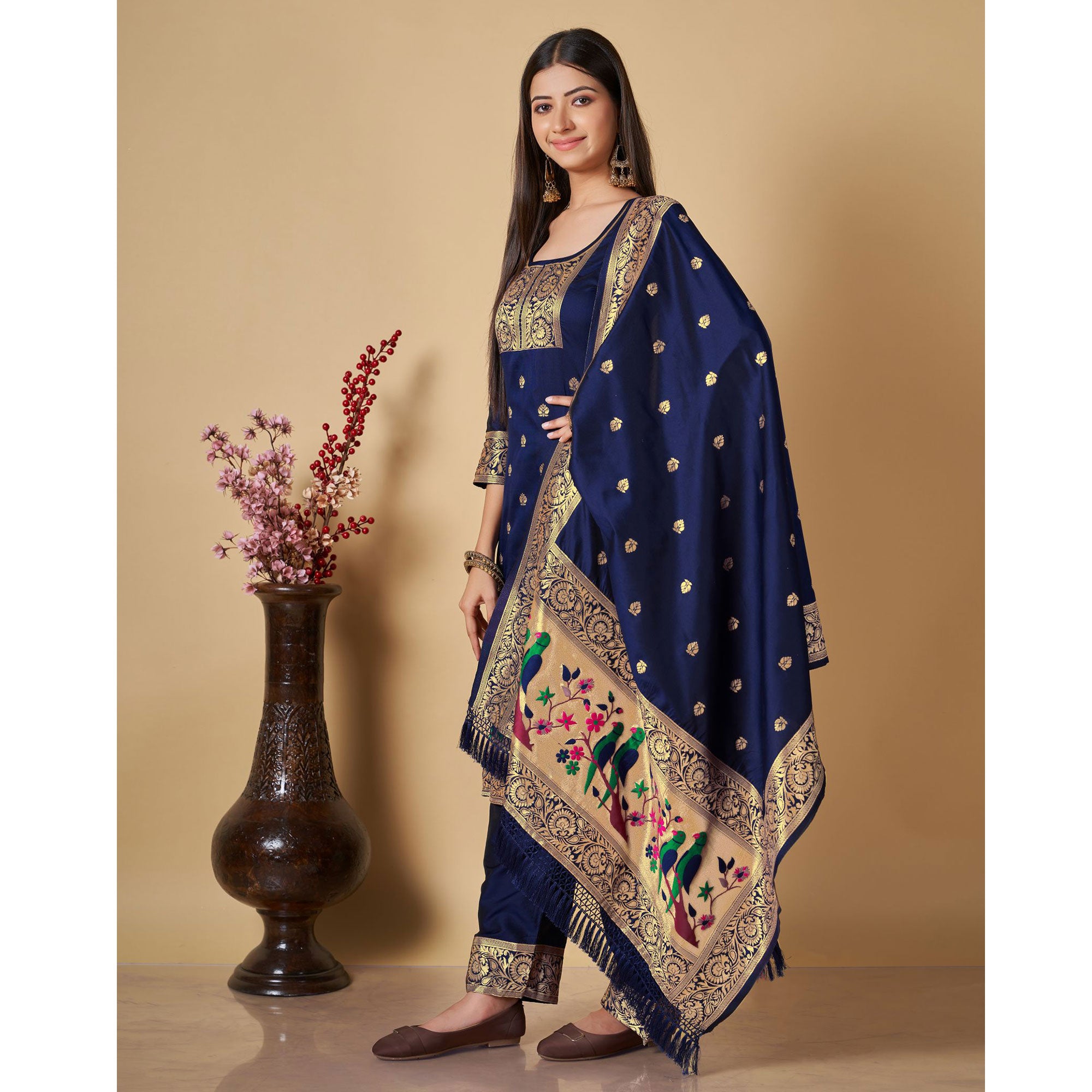 Navy Blue Floral Woven Banarasi Silk Paithani Dress Material
