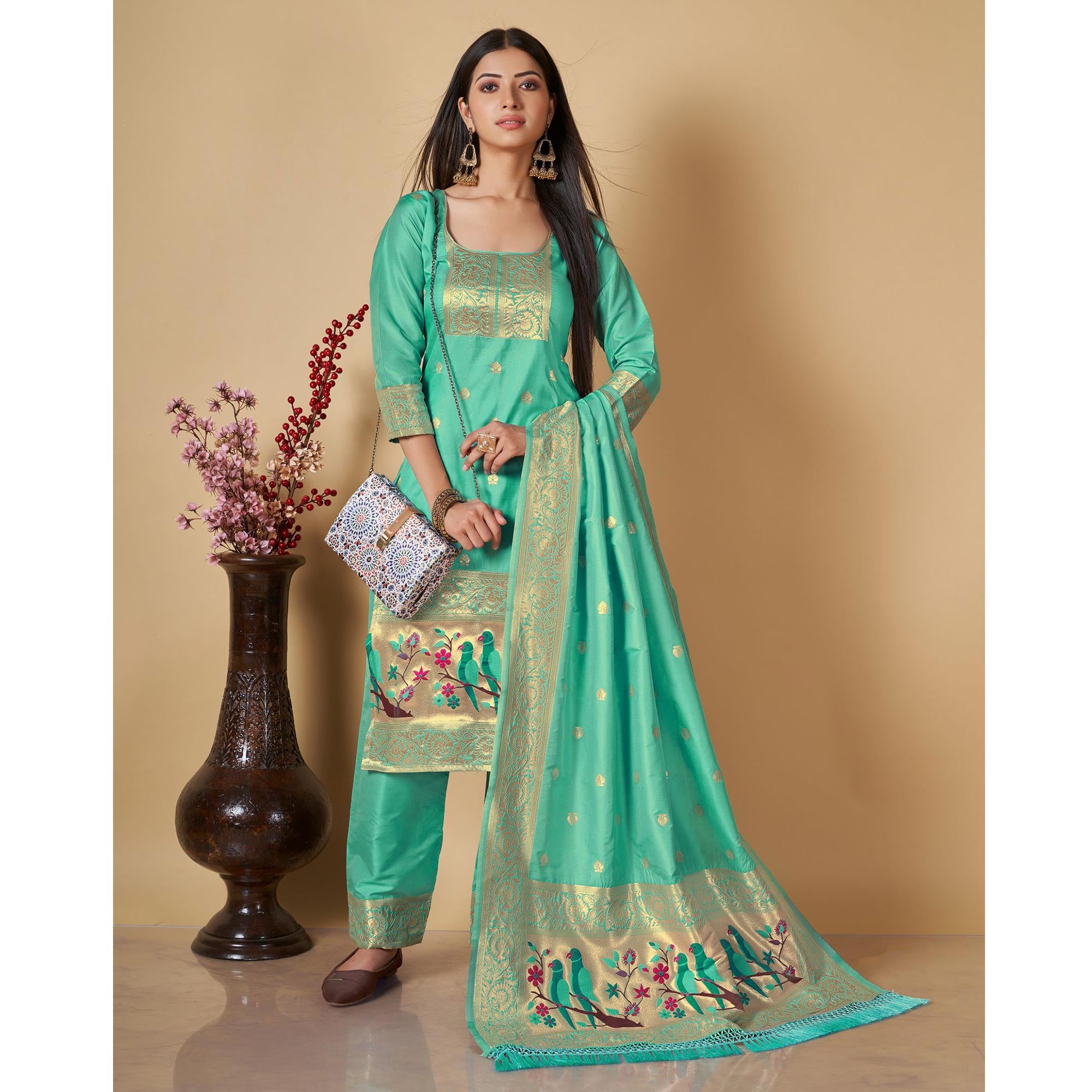 Sea Green Floral Woven Banarasi Silk Paithani Dress Material