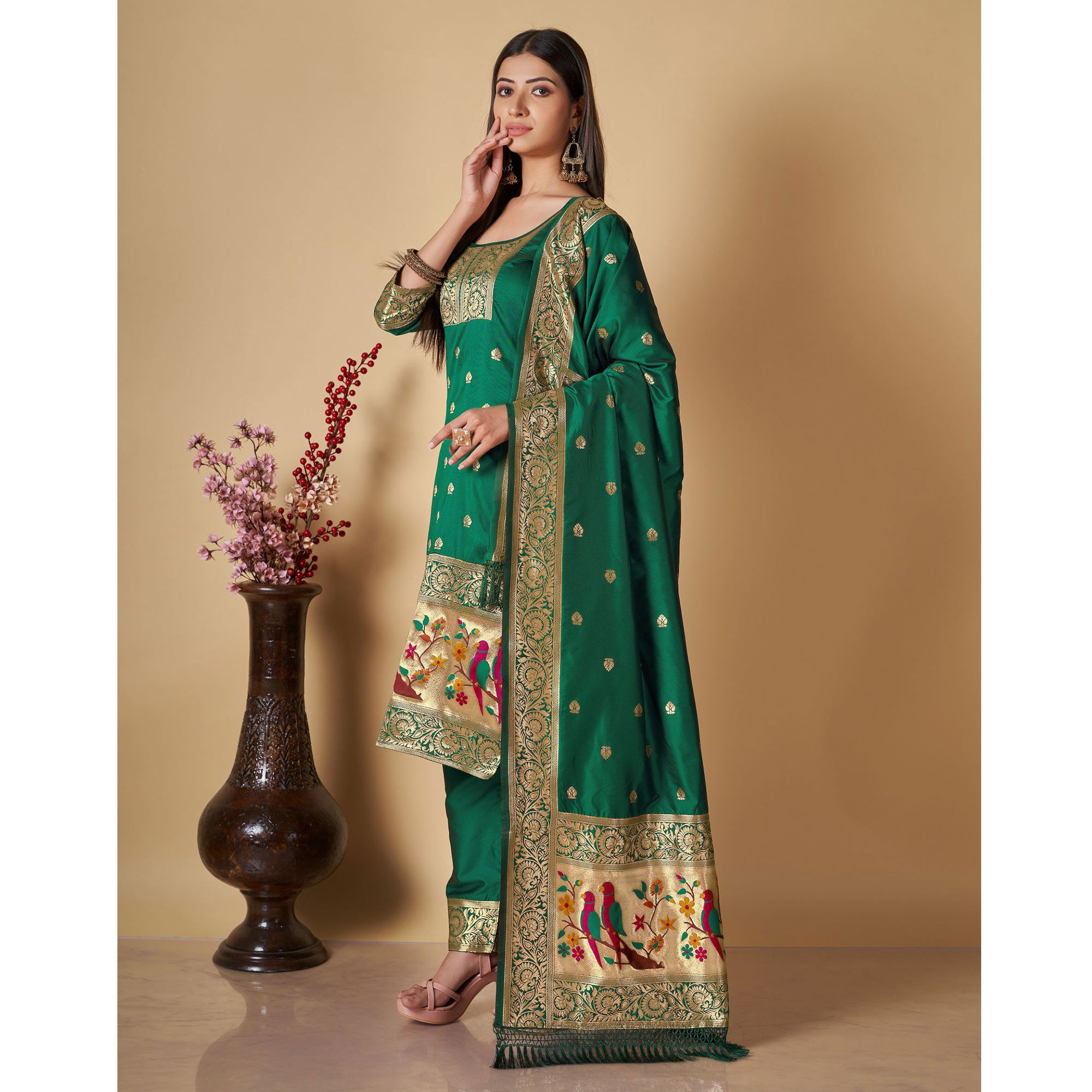 Green Floral Woven Banarasi Silk Paithani Dress Material