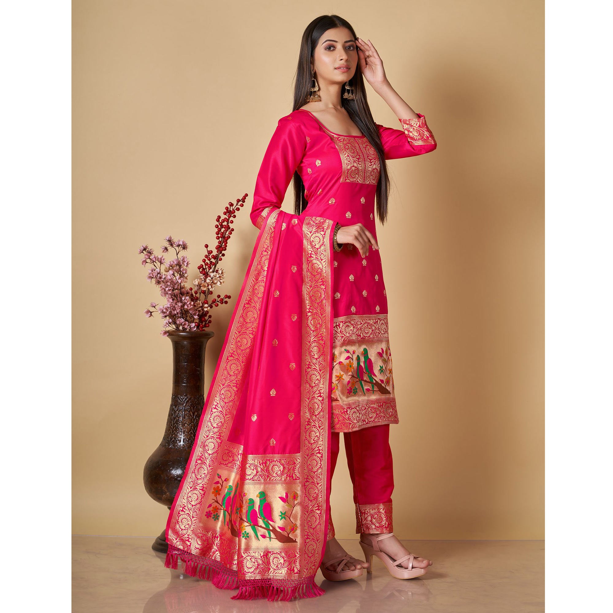 Pink Floral Woven Banarasi Silk Paithani Dress Material