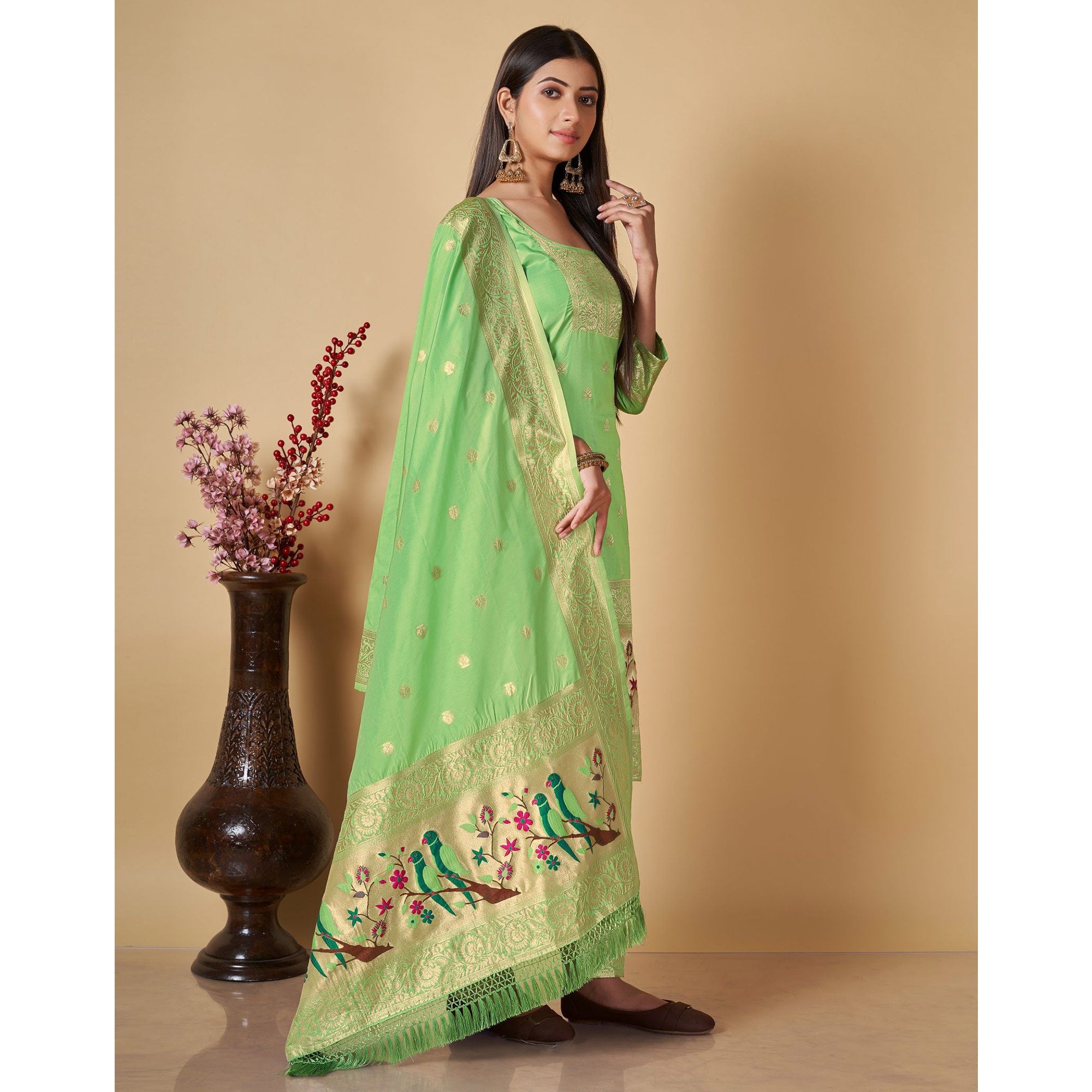 Pista Green Floral Woven Banarasi Silk Paithani Dress Material