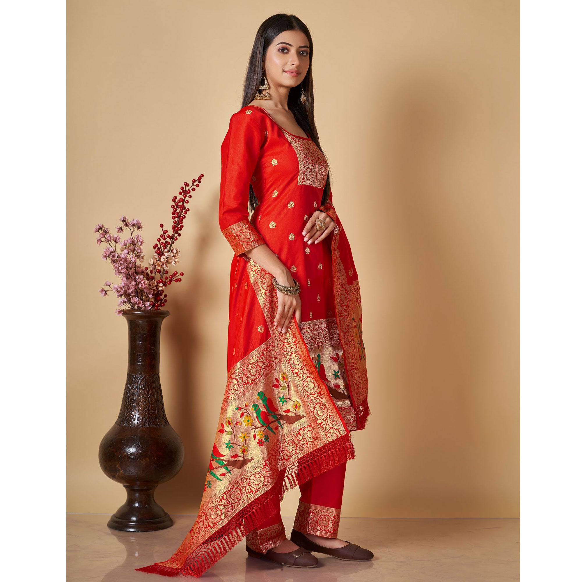 Red Floral Woven Banarasi Silk Paithani Dress Material