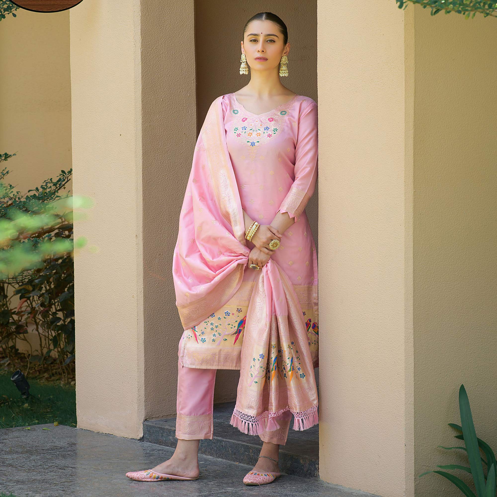 Baby Pink Floral Woven Banarasi Silk Paithani Dress Material