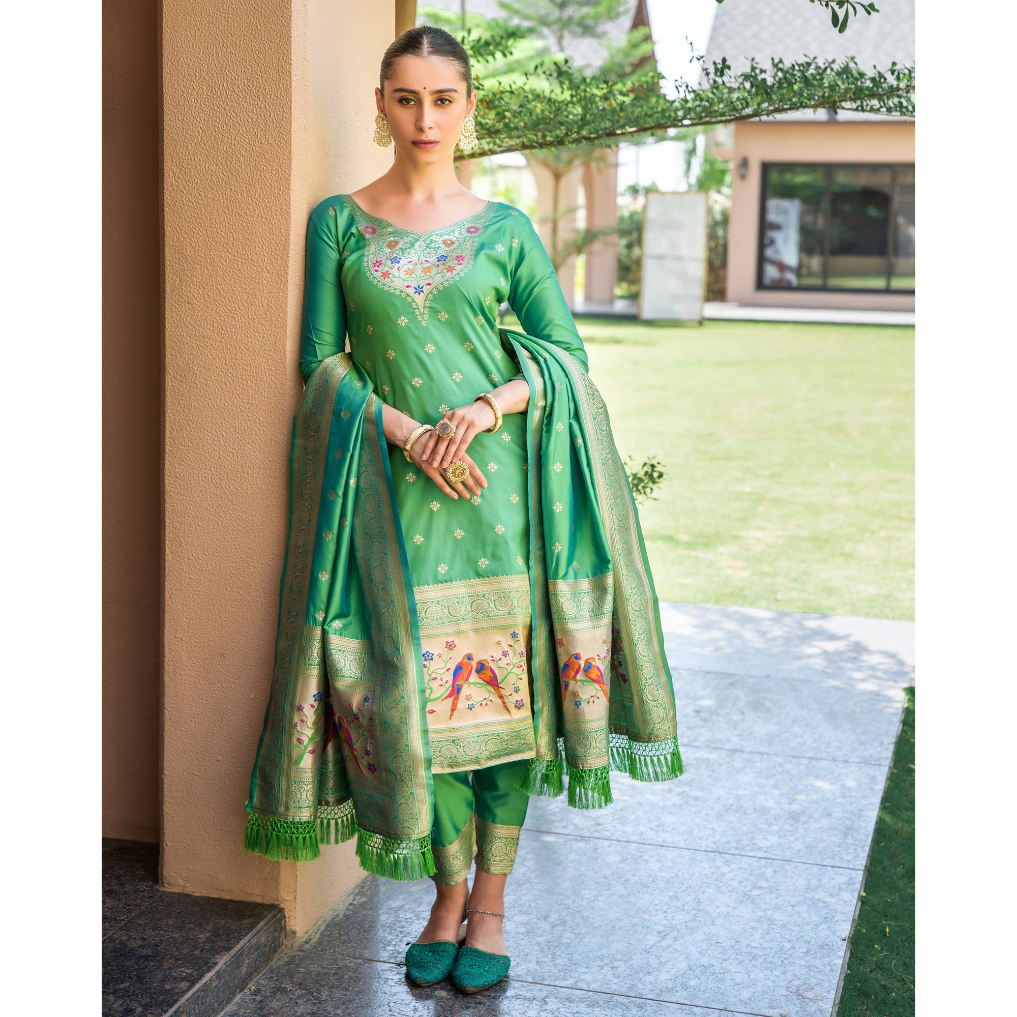 Green Floral Woven Banarasi Silk Paithani Dress Material