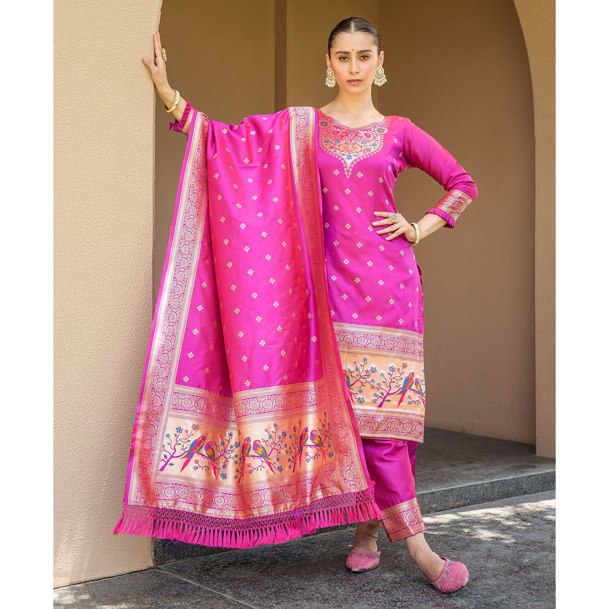 Rani Pink Floral Woven Banarasi Silk Paithani Dress Material
